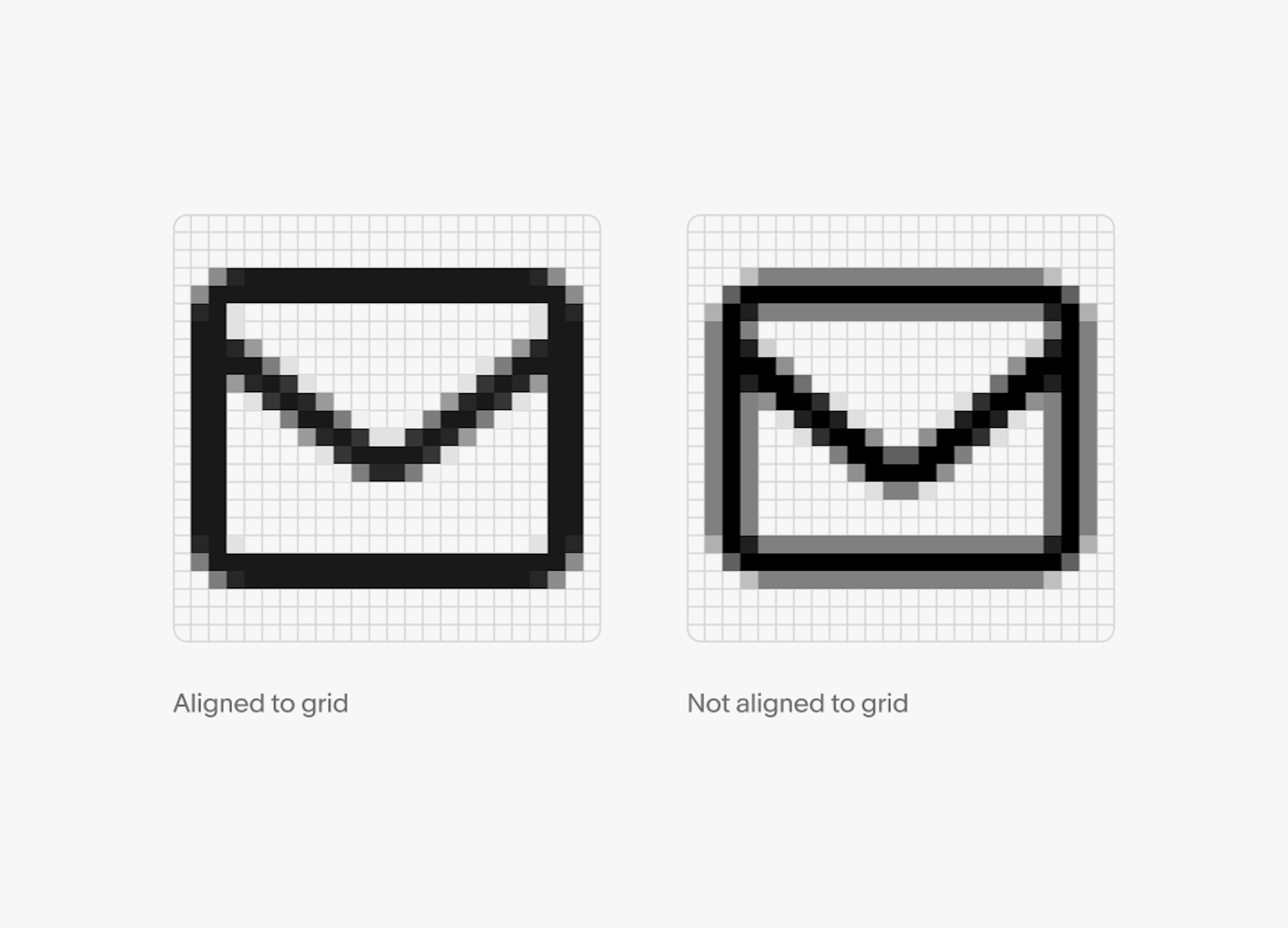 Two mail icons over pixel grids. The left is aligned to the grid and is crisp in detail. The right is misaligned and appears aliased and fuzzy.