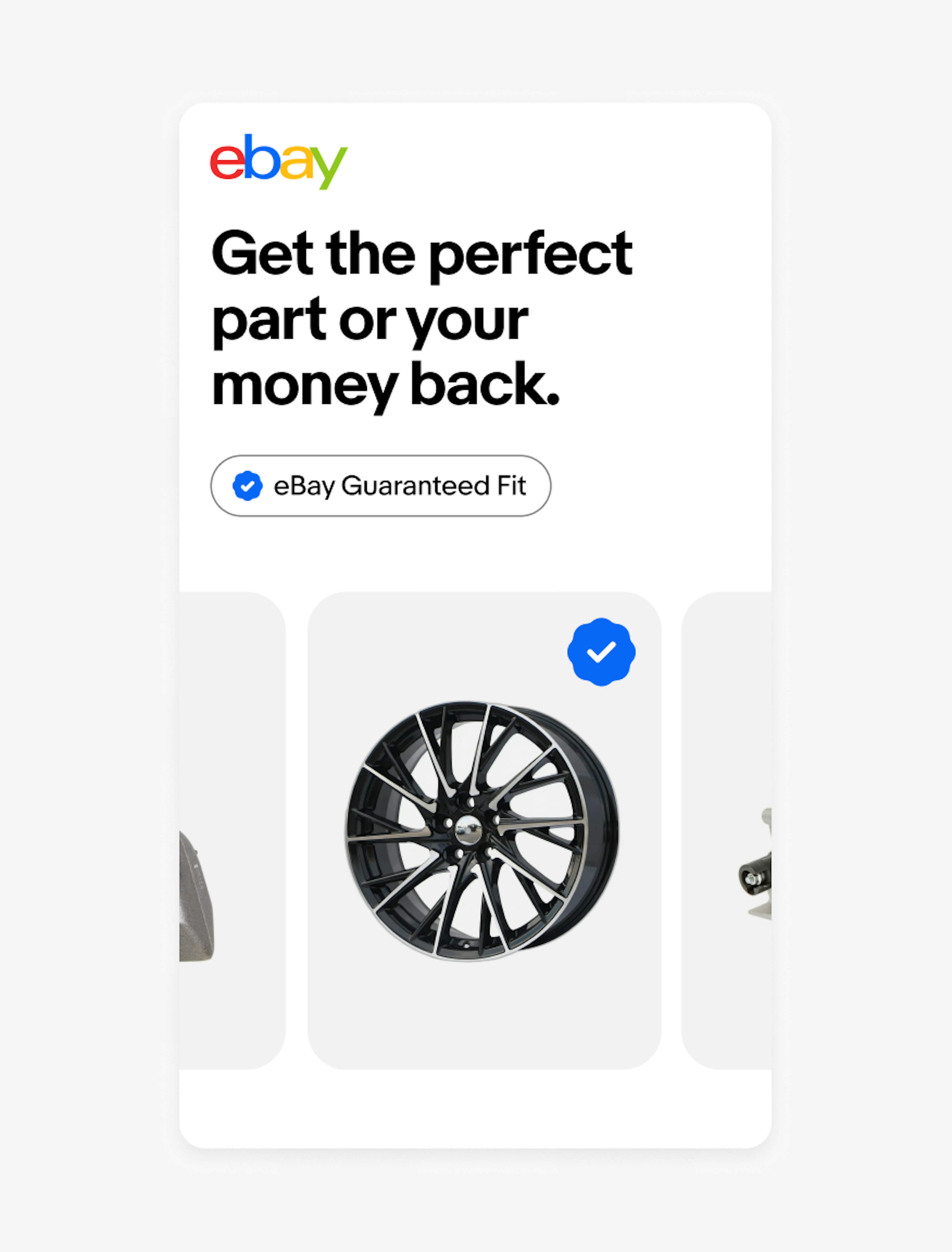 An out-of-home eBay ad with a filled eBay Guaranteed Fit program badge lockup inside of a pill shape. A filled icon is also placed on top of an image of a tire rim.