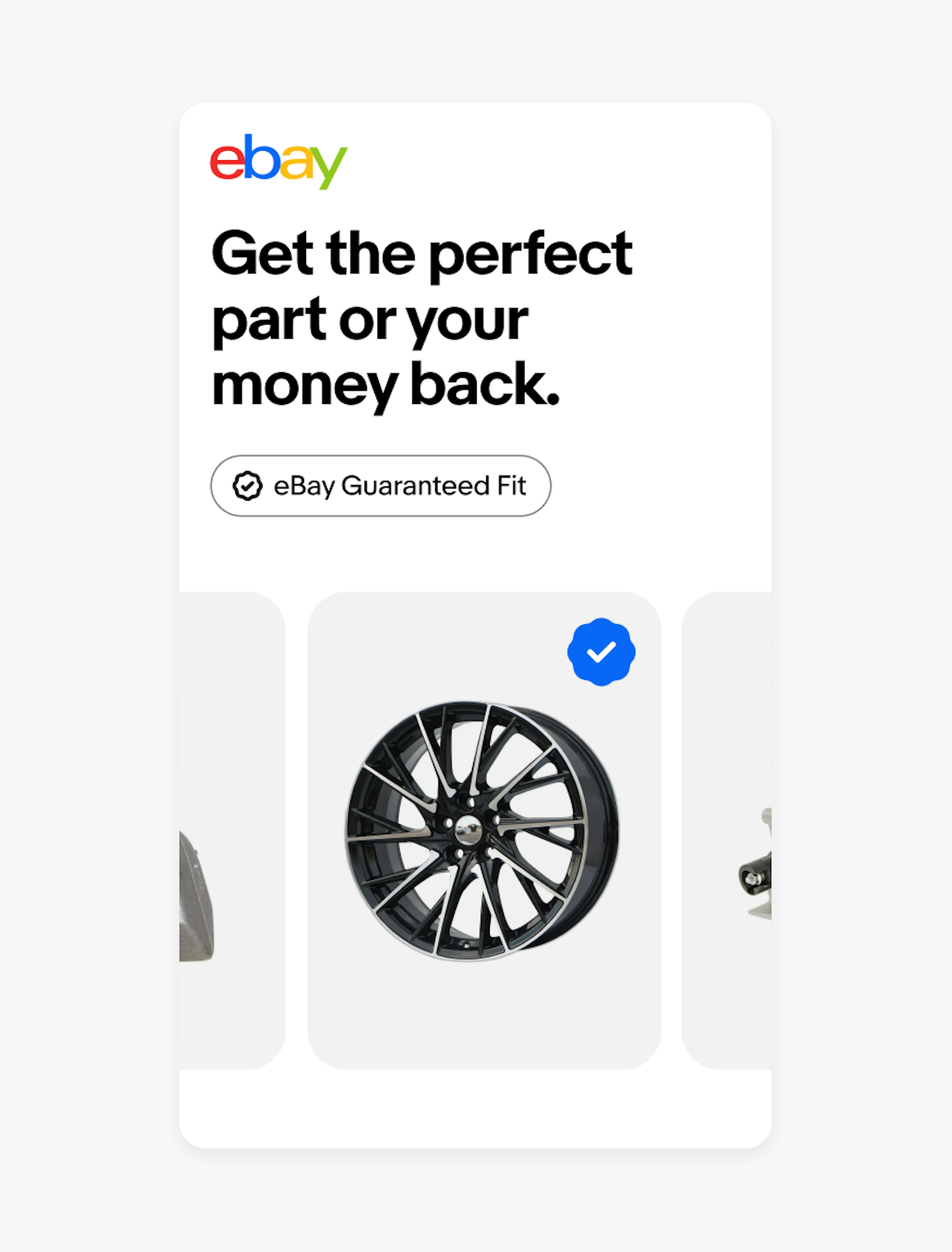 An ad with a filled rosette checkmark icon placed on top of an image of a car rim. An unfilled version of the icon is used in a program badge lockup within a pill shape towards the top.