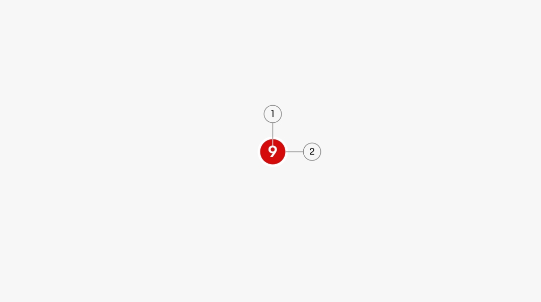 Number 1 points to the text label which in this case has a placeholder of “9”. Number 2 points to the container which is a red circle with a white outline.