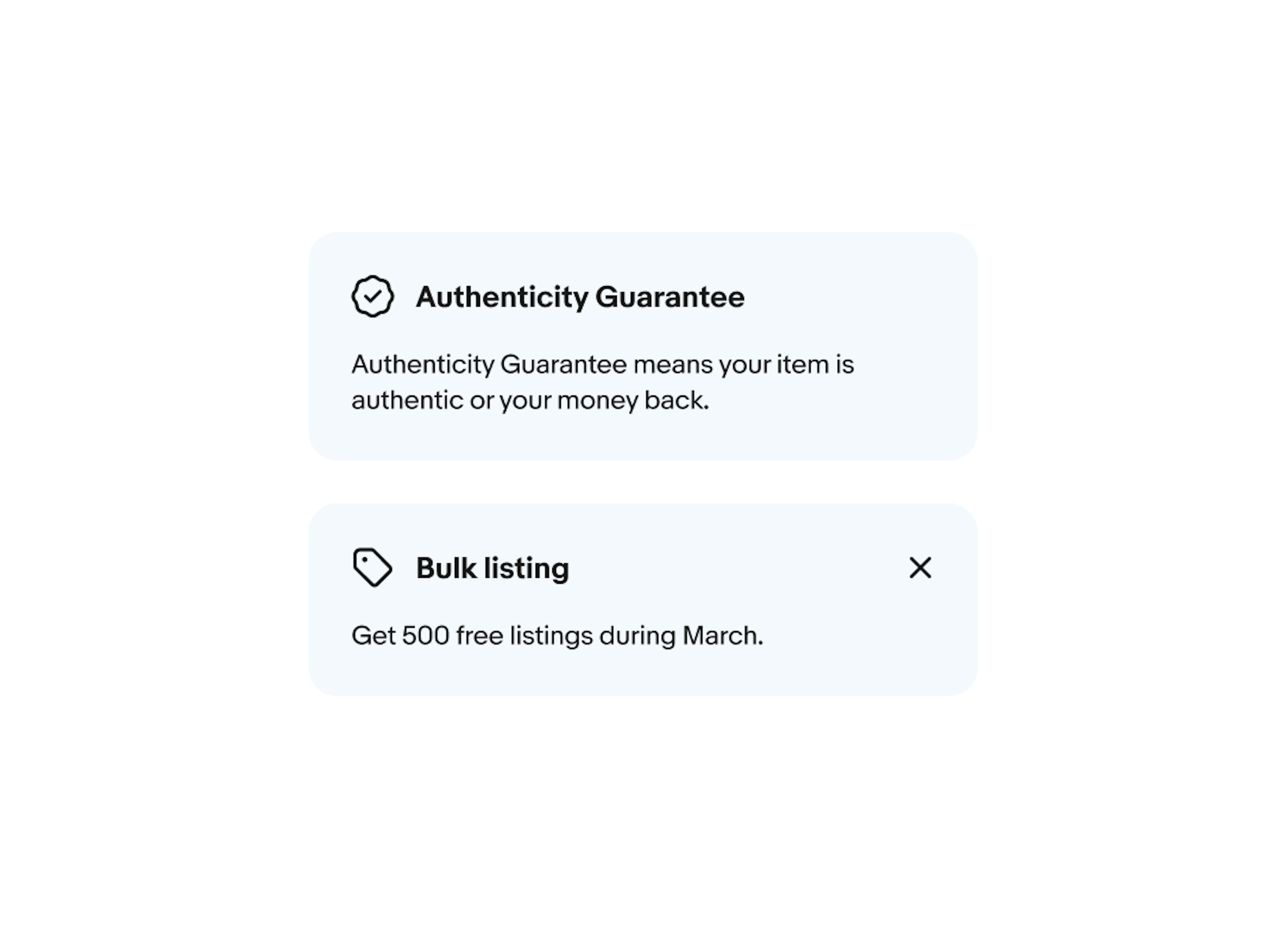 Two education notices stacked on top of each other. The first one has a checkmark icon and the second one has a tag icon.