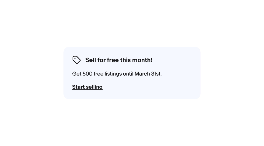 One education notice that says, “Sell for free this month! Get 500 listings until March 31st.” and an underlined link showing “Start selling” action.