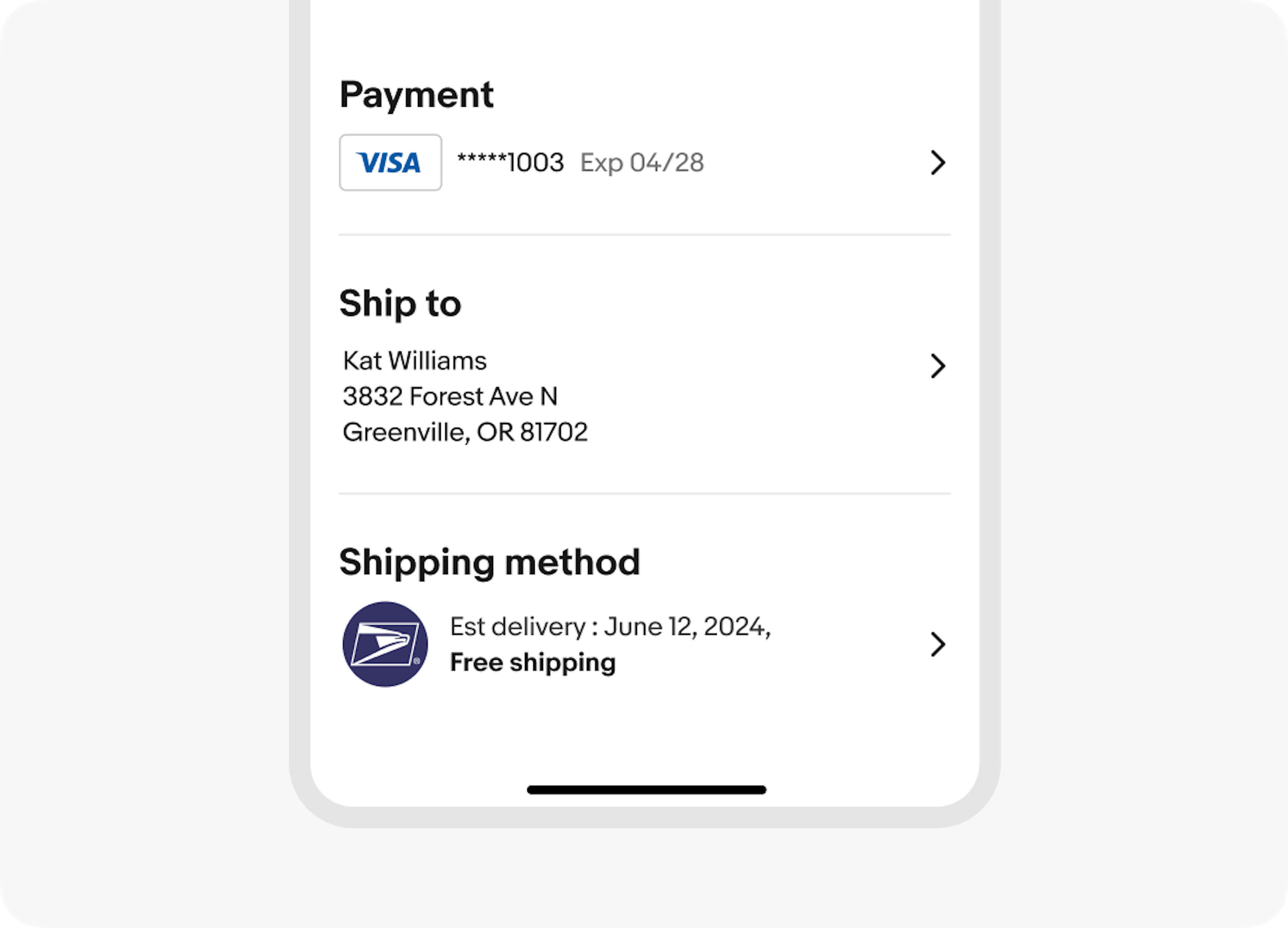 Order checkout screen with inset dividers organizing content into sections for payment details, shipping address, and shipping method. 