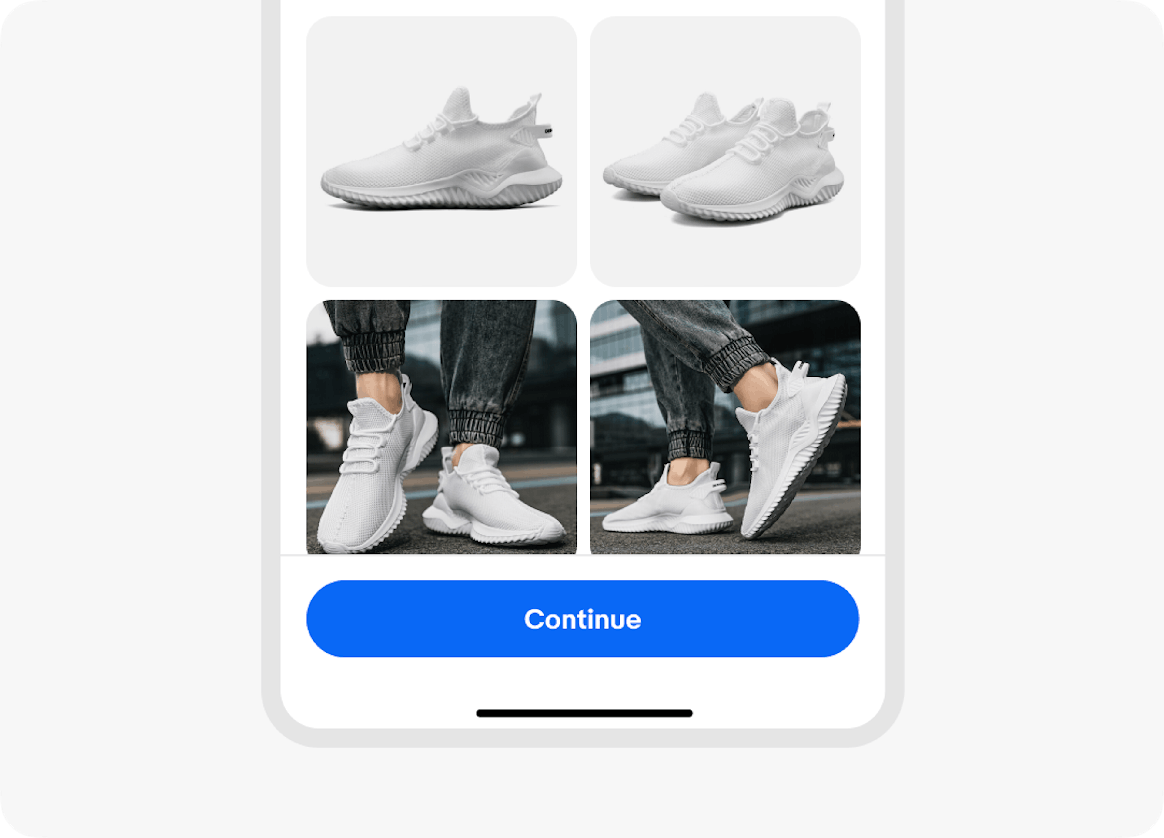 Full-width divider line separating a grid of four sneaker images on top from a sticky action button on the bottom of the page to continue that is floating above the image content.