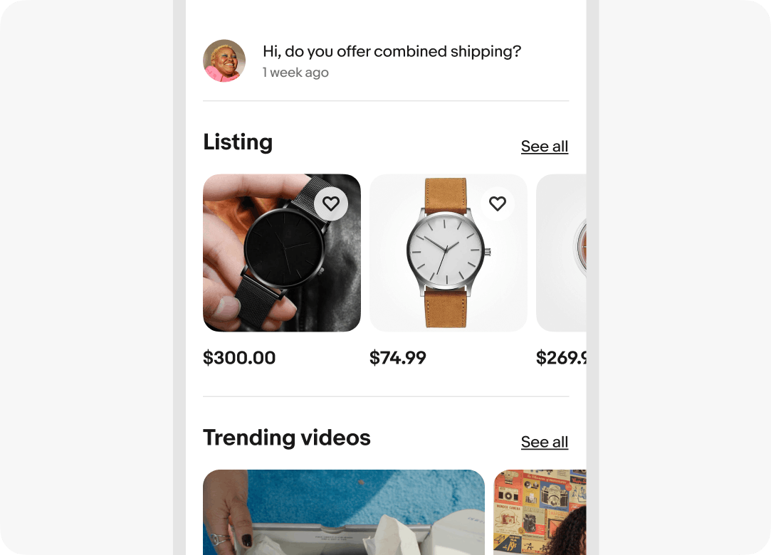 Product listing page, featuring a 'Listing' section with three watches at different prices and a 'Trending videos' section, separated by light grey divider lines for clear section distinction.