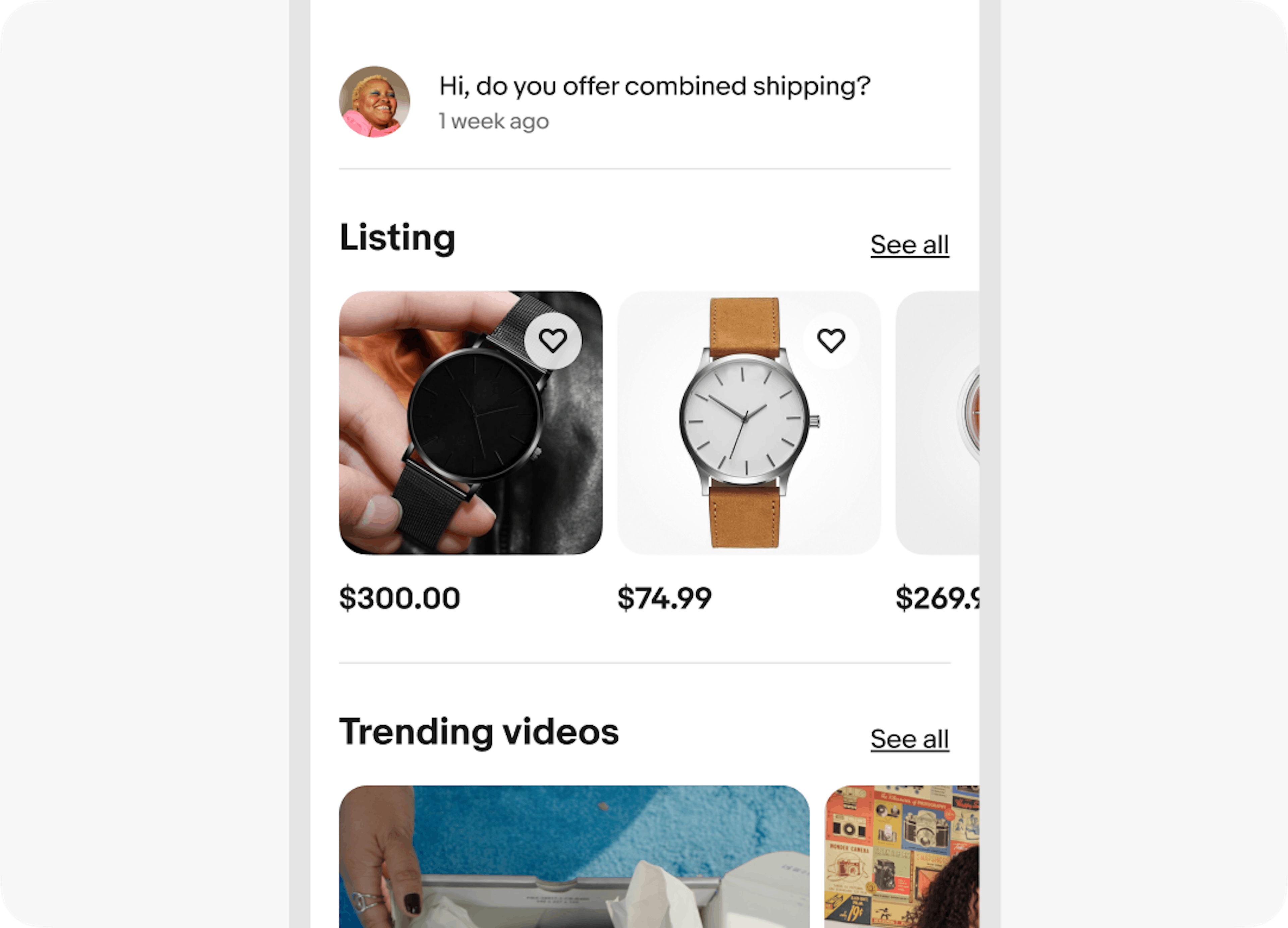 Product listing page, featuring a 'Listing' section with three watches at different prices and a 'Trending videos' section, separated by light grey divider lines for clear section distinction.