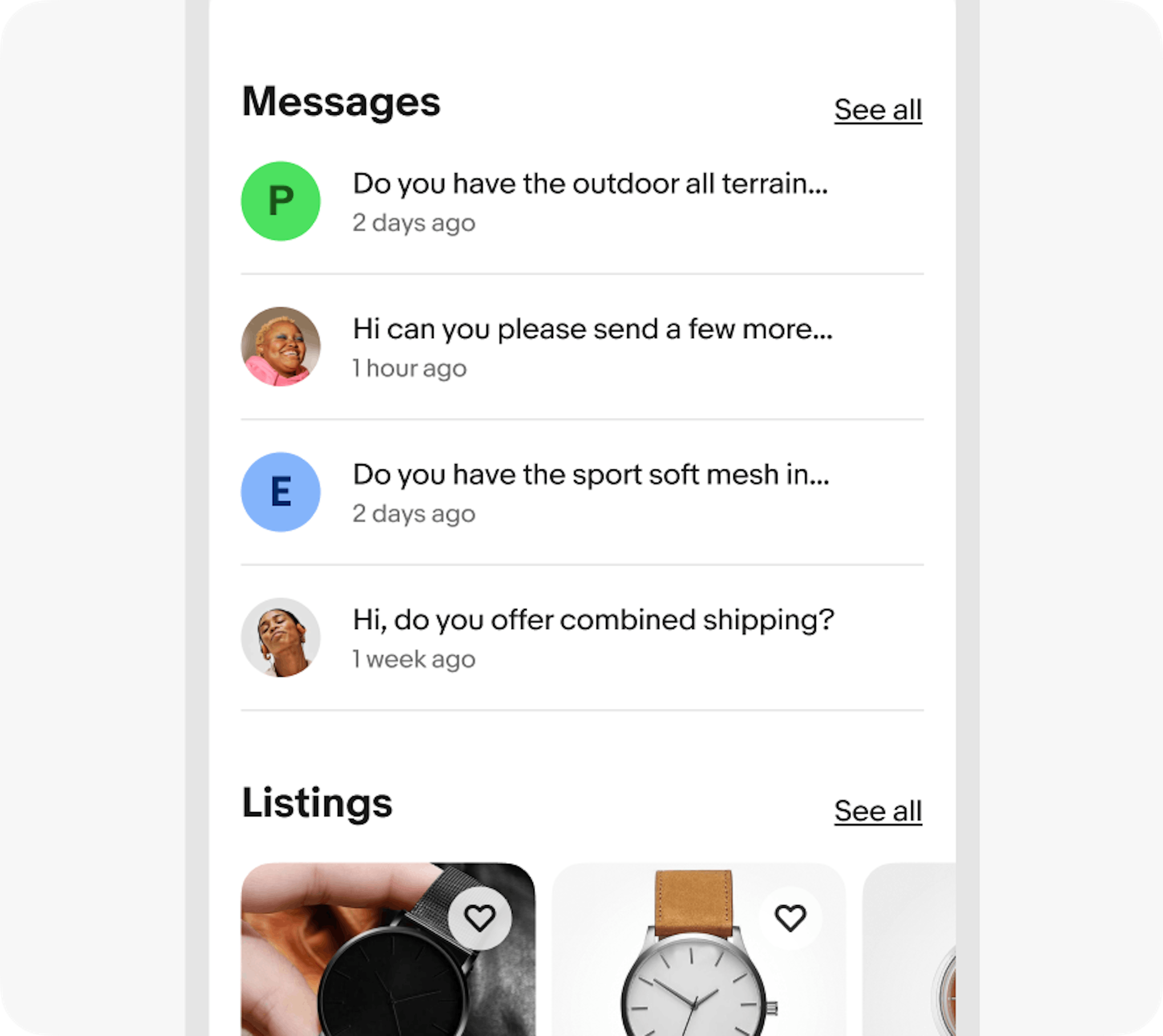 App interface with two main sections, 'Messages' and 'Listings.' Divider lines incorrectly separate the conversation threads in the 'Messages' section rather than delineate only between ‘Messages’ and ‘Listings’