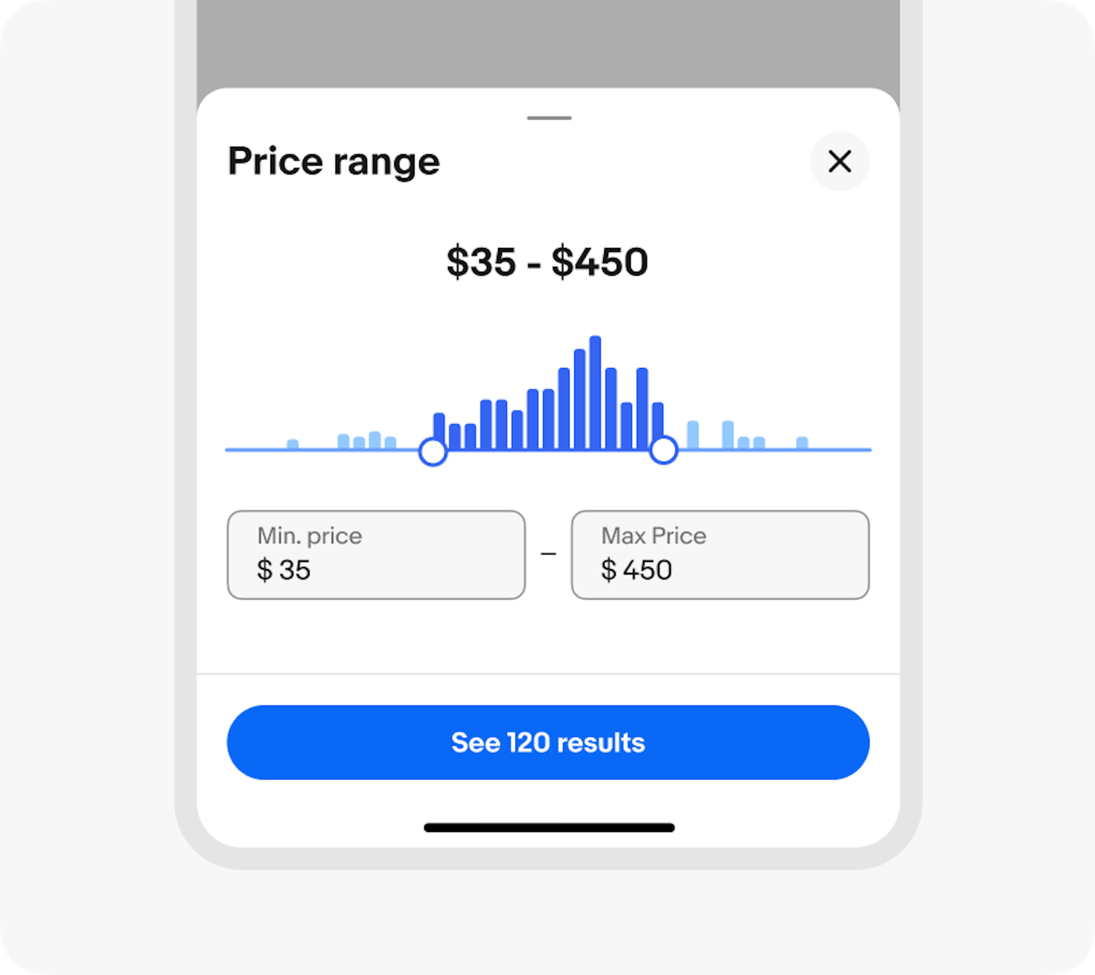 Interactive price range filter interface with a histogram showing distribution of prices, with a 'See 120 results' button below that is sticky to the bottom of the screen with a correct divider line full width between content above.