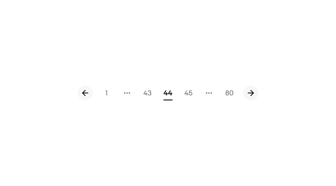 Pagination interface with back and forward navigation arrows, page numbers 1, 43, 44 (highlighted as active), 45, and 80, and overflow icon indicating additional pages not shown.