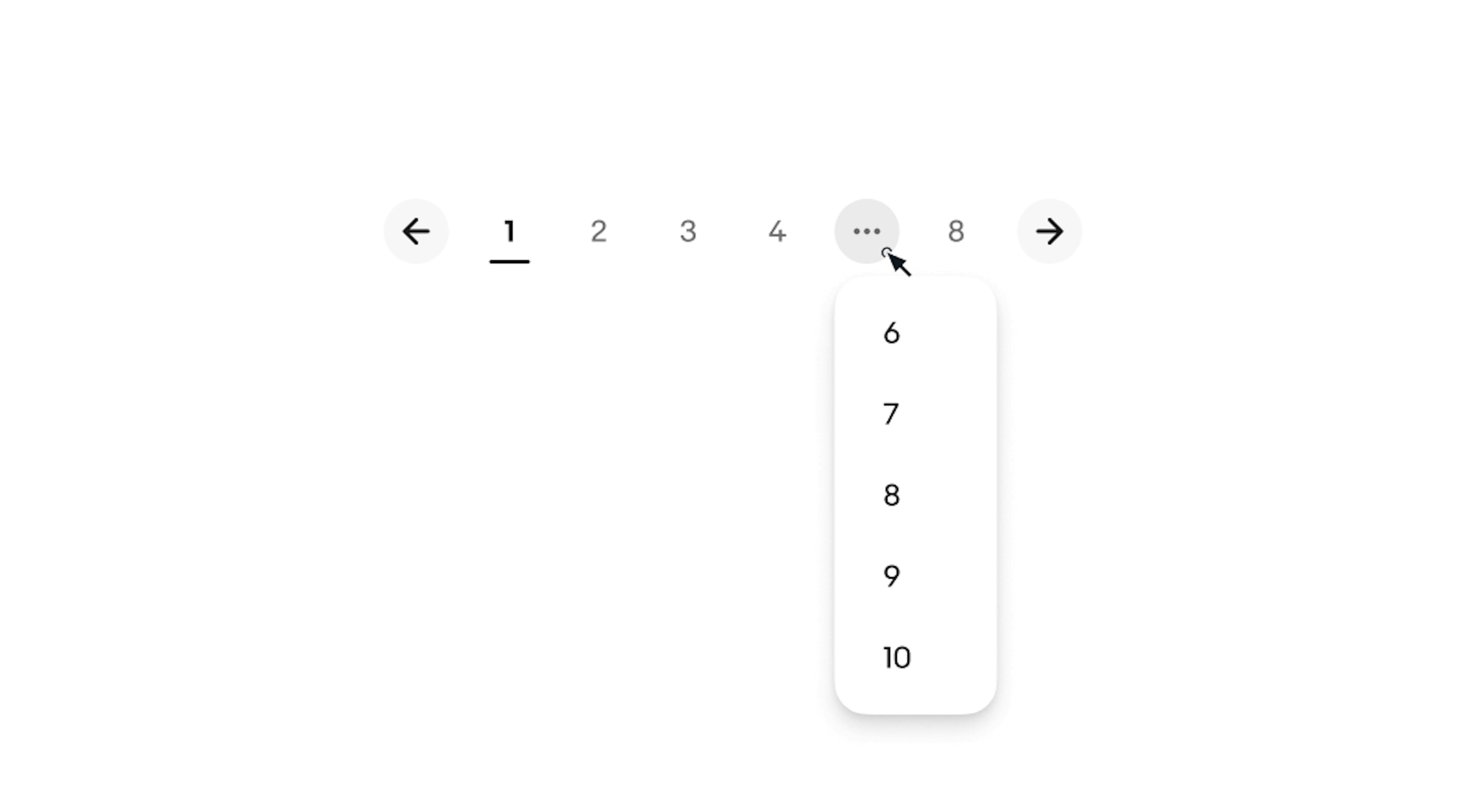 Pagination interface with page numbers 1 through 4 and 8, back and forward navigation arrows, and an overflow menu popover revealing additional page numbers 6 through 10.