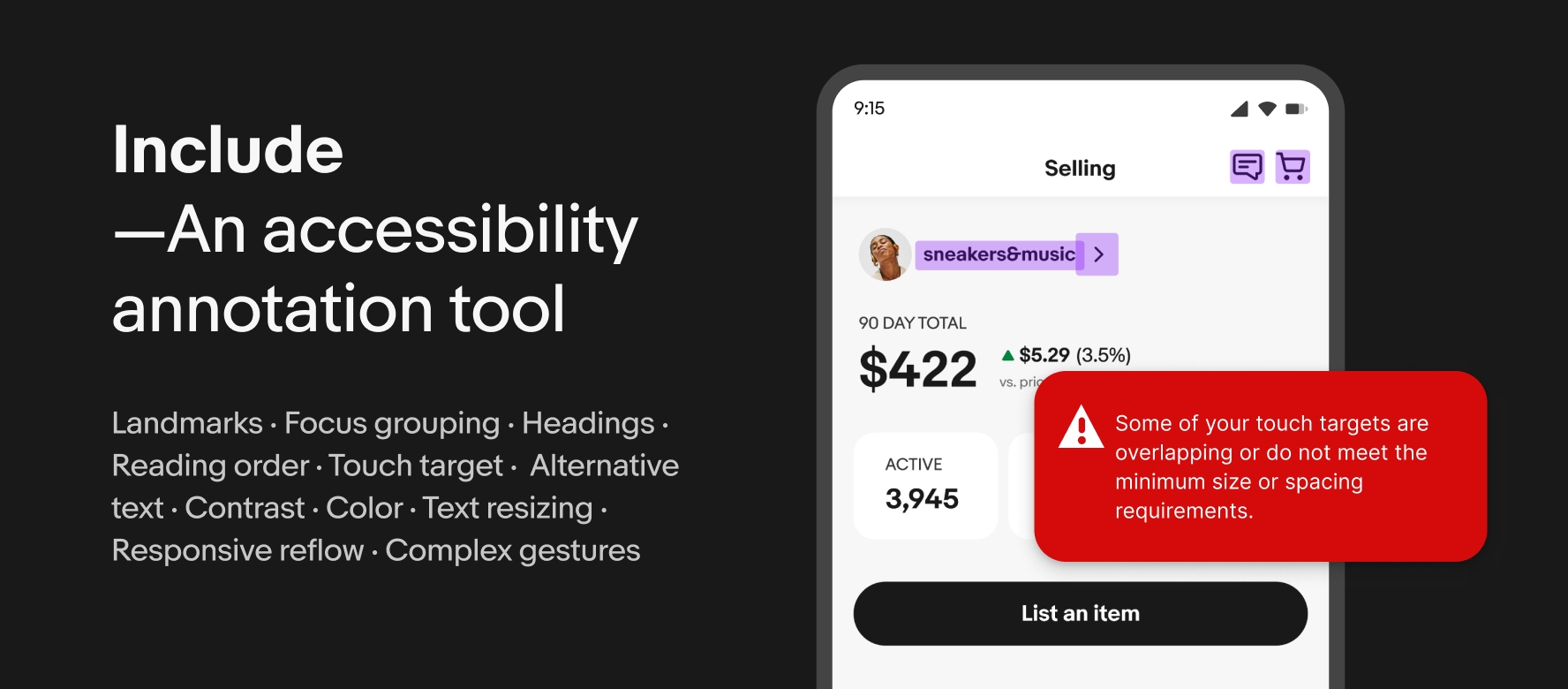 A banner image introducing the include accessibility annotation tool. Landmarks, focus grouping, headings, reading order, touch targets, alternative text, contrast, color, text resizing, responsive reflow, and complex gestures are supported. A phone screen with tap target boxes over items is located on the right side.