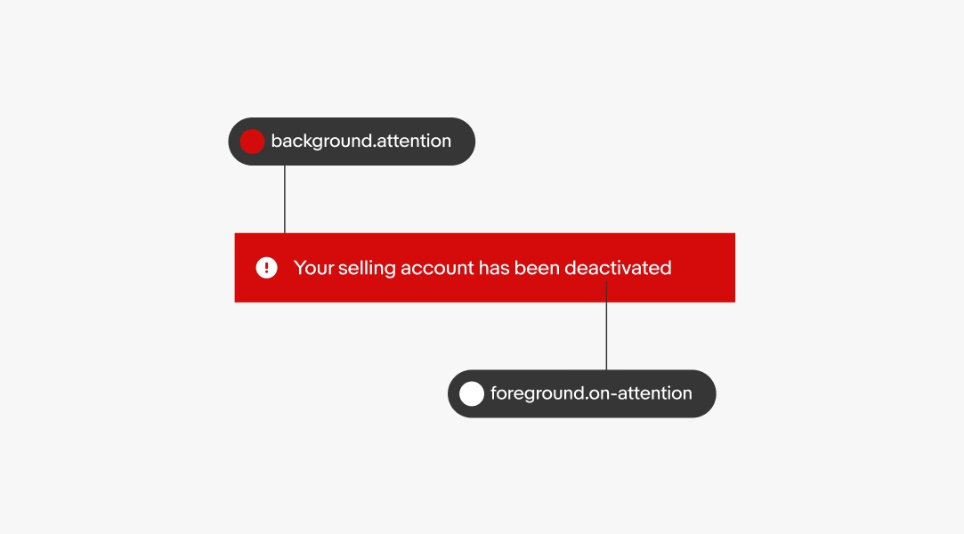 A section alert with token highlights. The background is a vibrant red called “background.attention. The foreground text is “foreground.on-attention”.