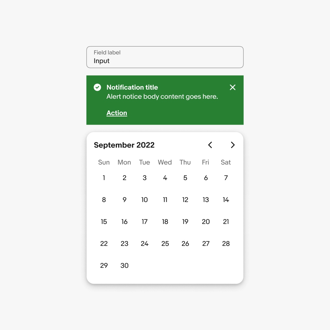 Three components stacked visually. The top is text input, middle is alert notice, and bottom is date picker.