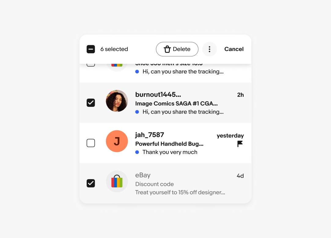 A mobile view of a bulk edit pattern. The bulk edit controls are on the top above selected messages.