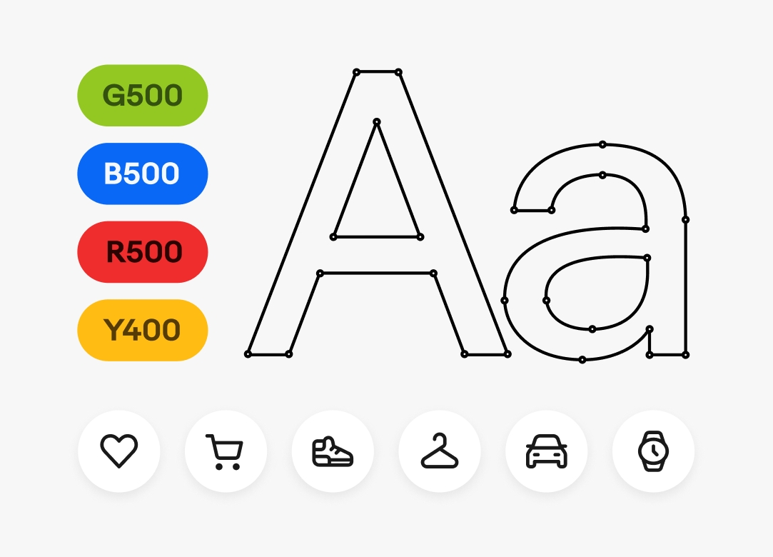 Four color chips labeled G500, B500, R500, and Y400. Large graphic letters Aa are next to them, followed by 6 icon buttons with different icons placed in a row below them.