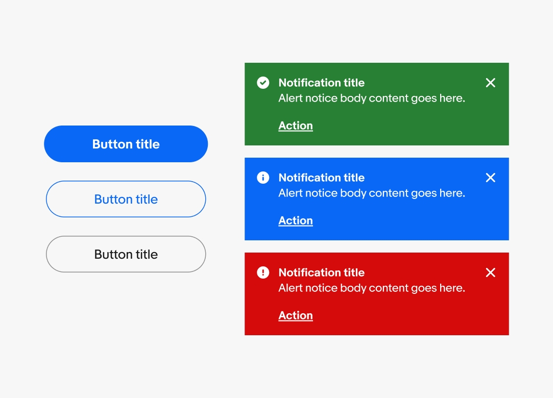 Two columns of components with variants. The left column are button variants, while the right column are alert notice variants.