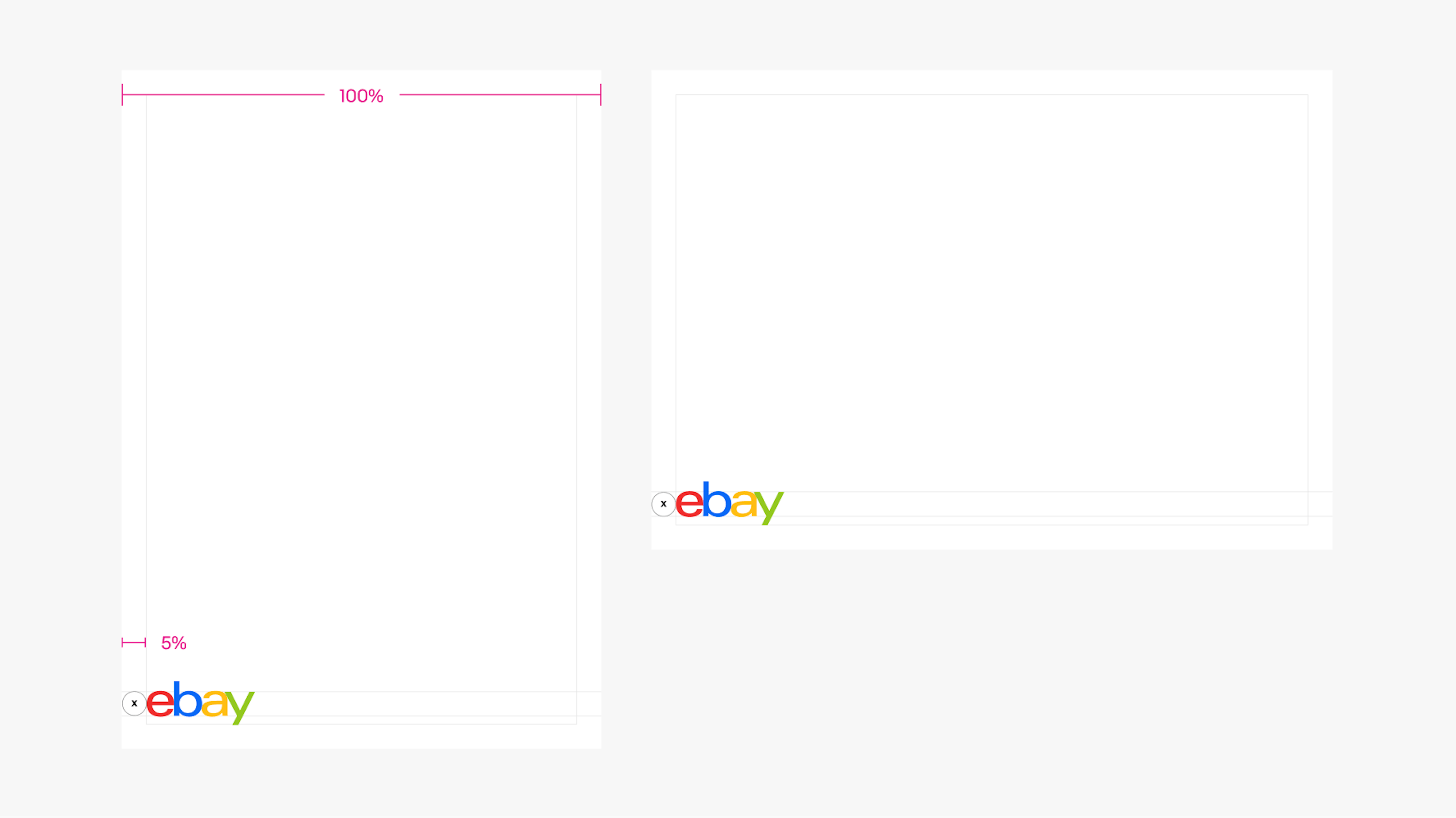 A portrait and landscape design layout detailing the margin around the eBay logo in the lower left corners.