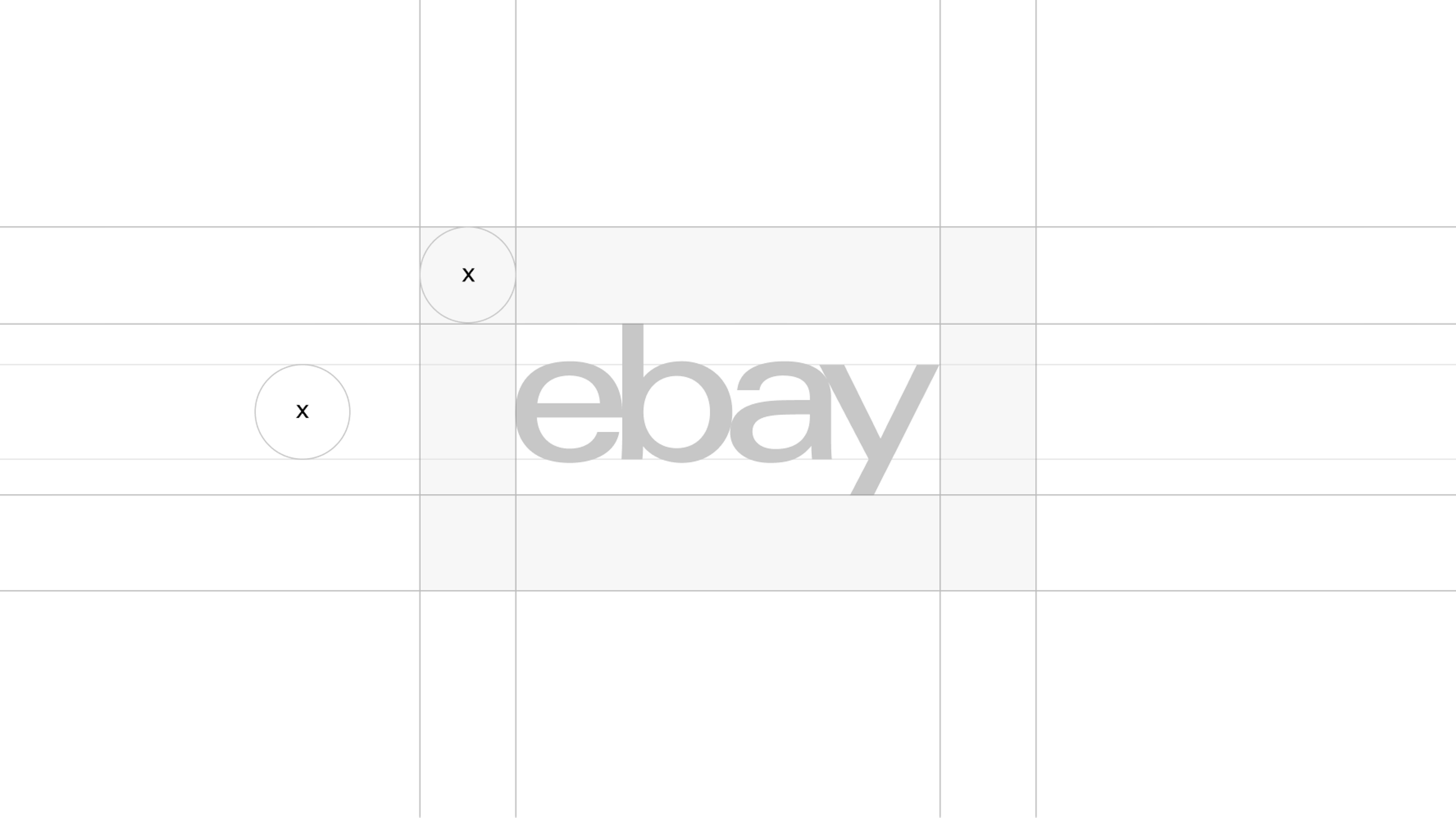 The eBay logo with grid lines indicating that “x” is the clear space that surrounds the logo.