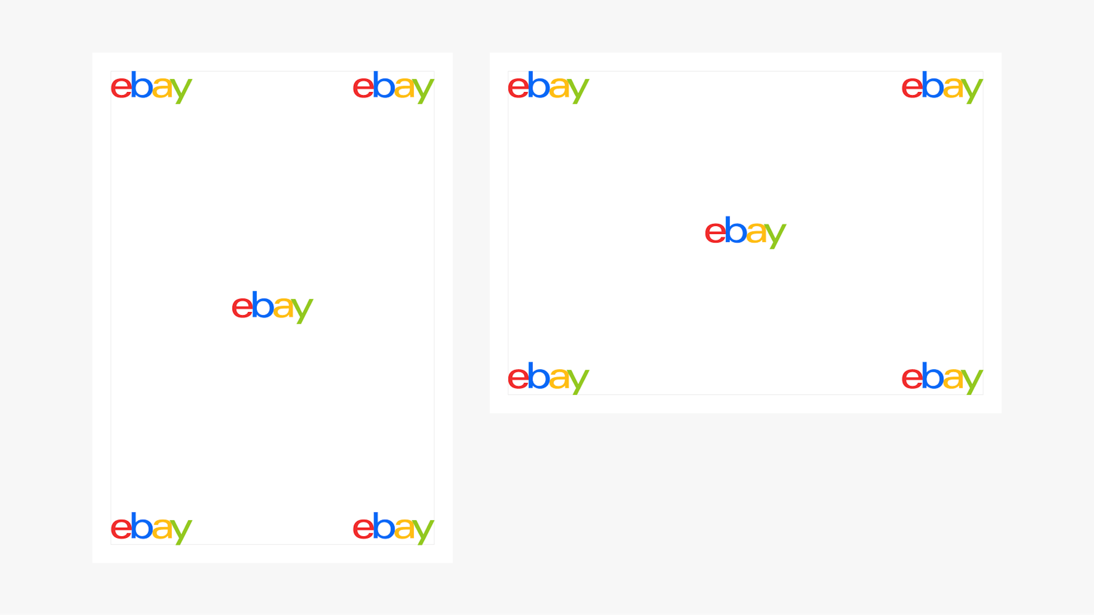 A portrait and landscape design layout detailing the placement of the eBay logo in the center, upper left, upper right, lower left, and lower right corners.