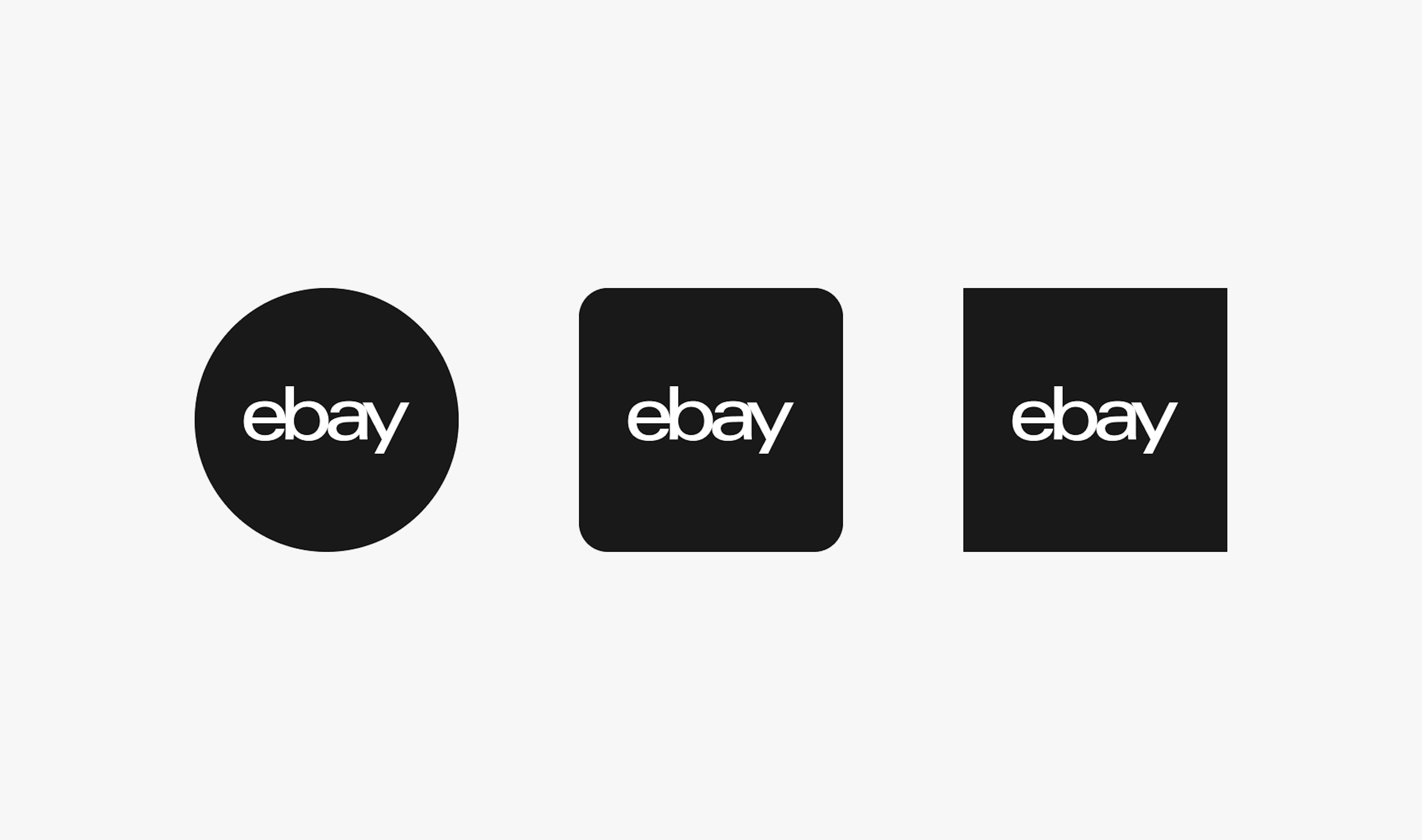 White eBay logos in circular, rounded square, and square black containers.