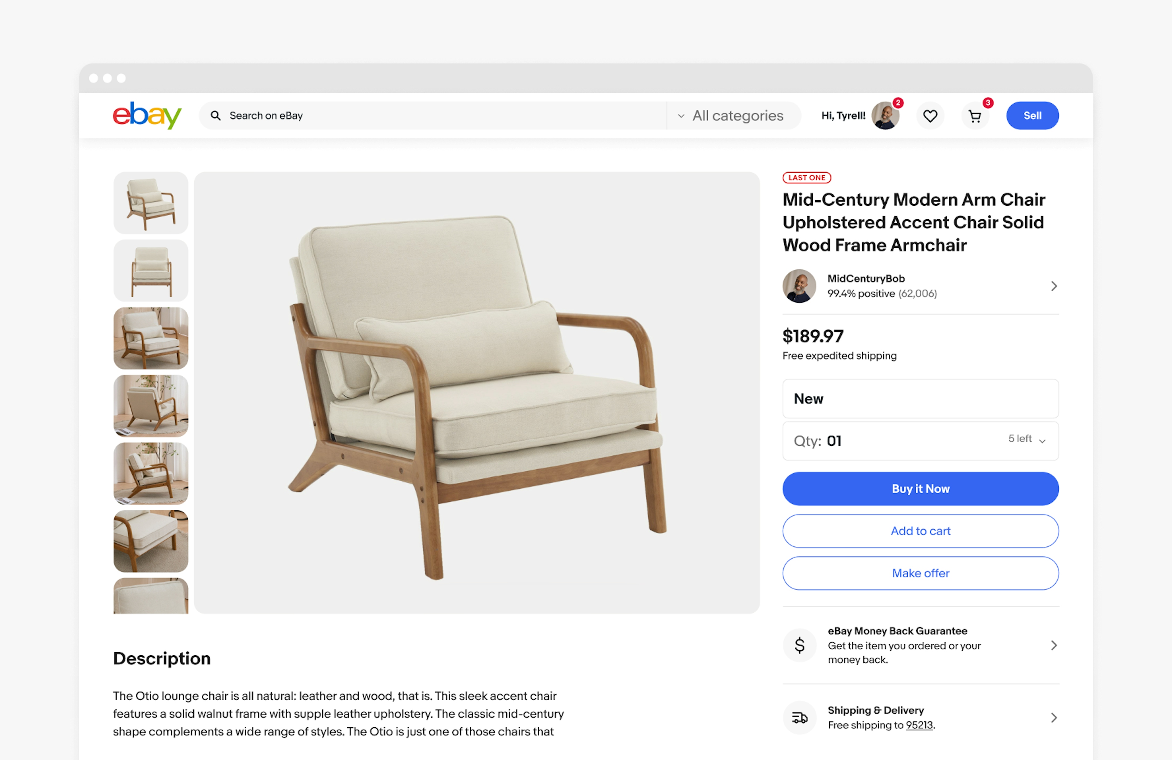 A desktop view item web page of a chair with the logo in the upper left corner of the site.
