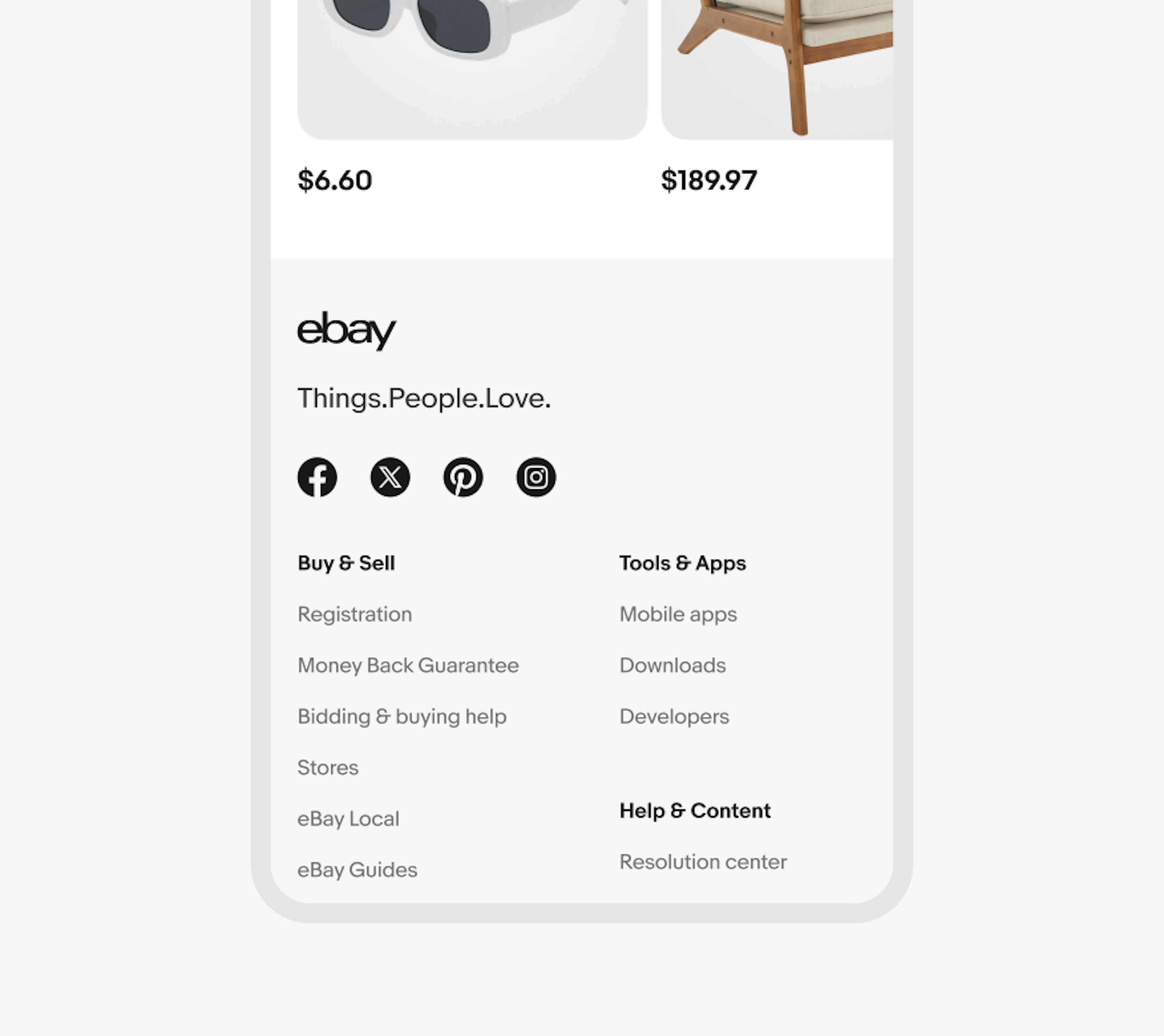 The eBay logo at the top of inside the gray footer on a mobile device.