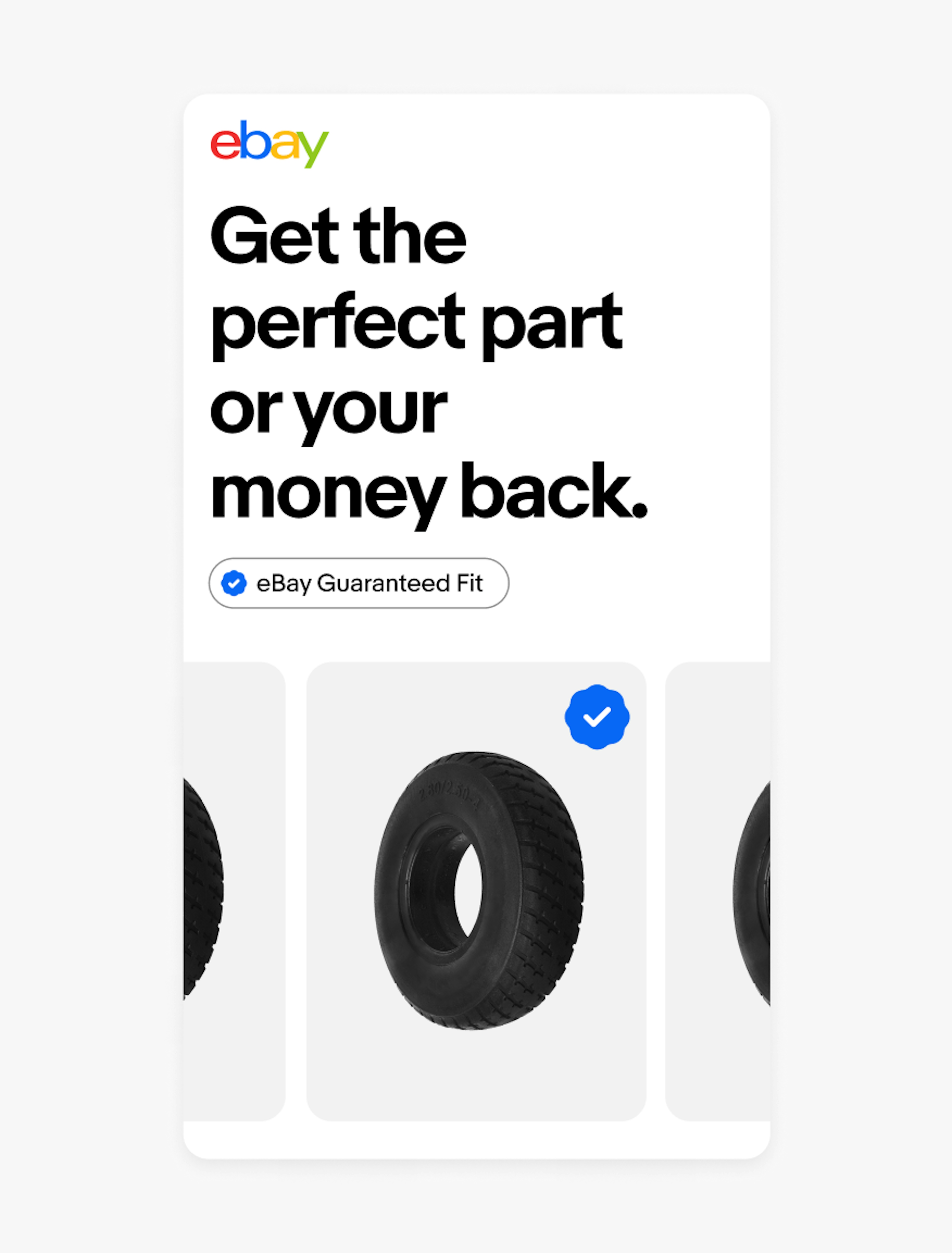 A social ad for eBay Guaranteed Fit. The heritage logo is in the upper left on a white background.