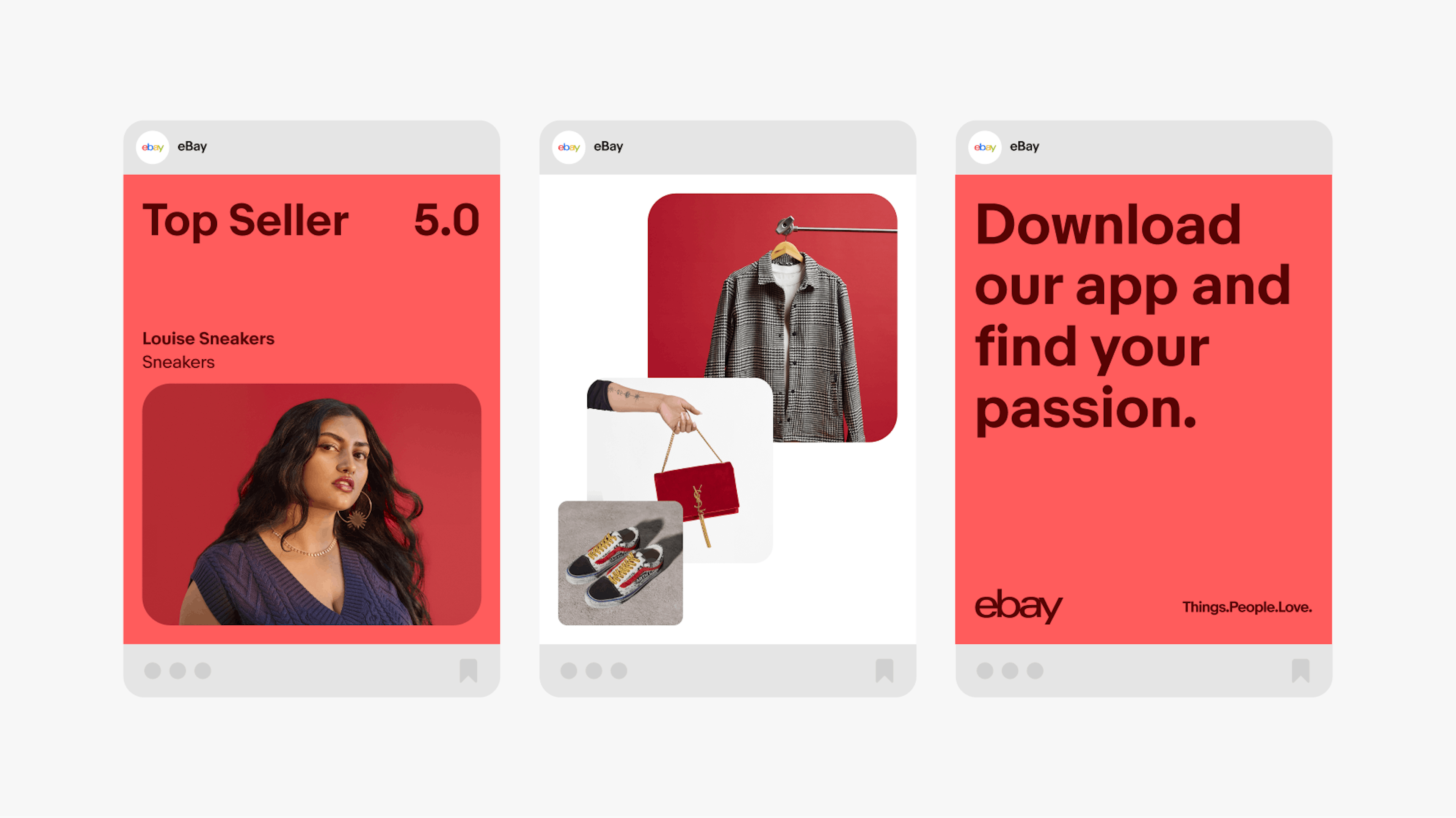 Three vibrant red social ads highlighting a top seller in fashion. The ads contain photography and tone-on-tone type and logo.