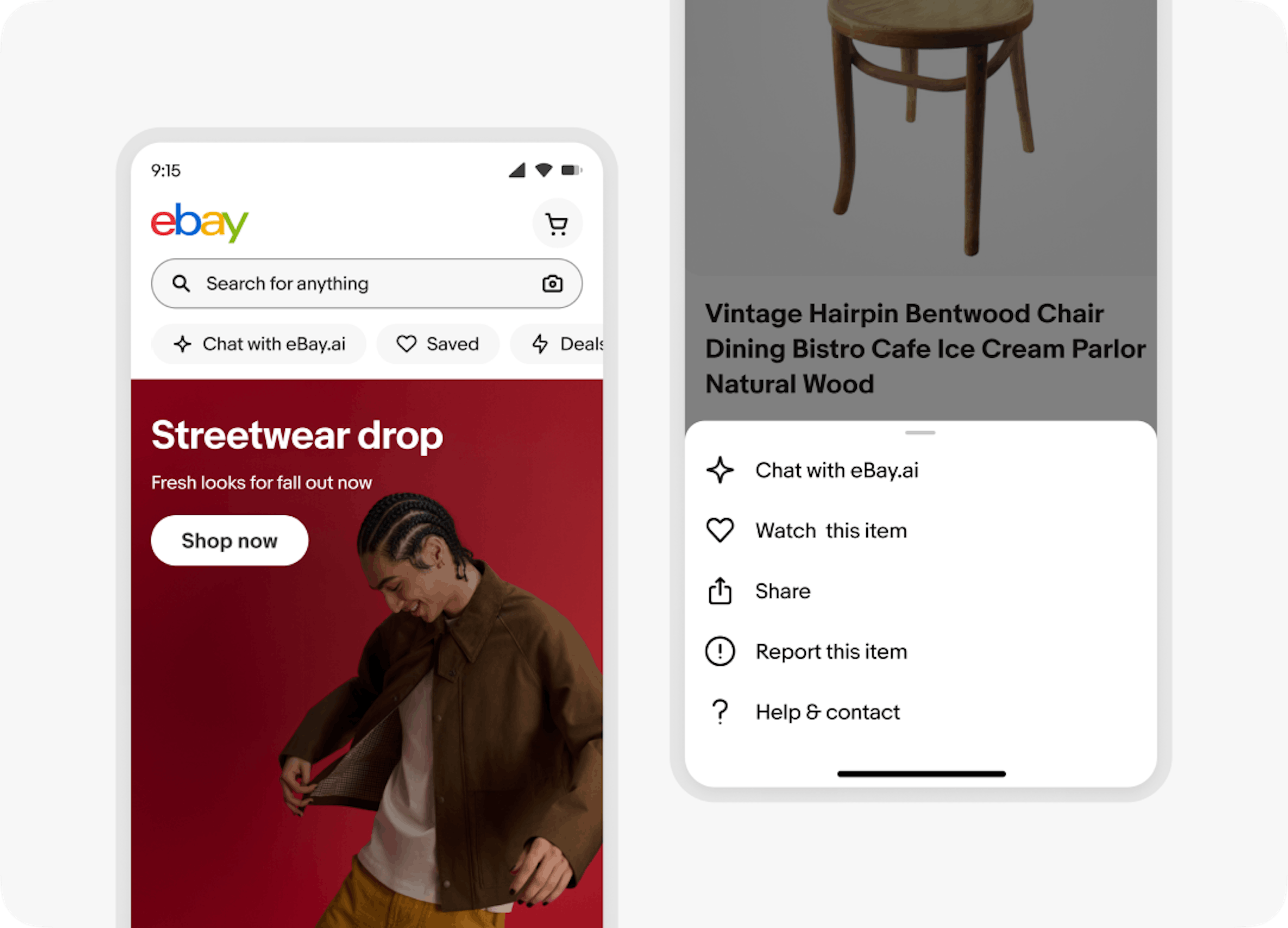 Two examples using the outlined AI icon in black. The first is inside navigation pills on the eBay homepage. Under the search bar, the first pill shows the outlined icon in front of a text string that says, “Chat with eBay.ai”. The second shows a bottom sheet with navigation links inside it. The first uses the outlined icon in front of the same text string.
