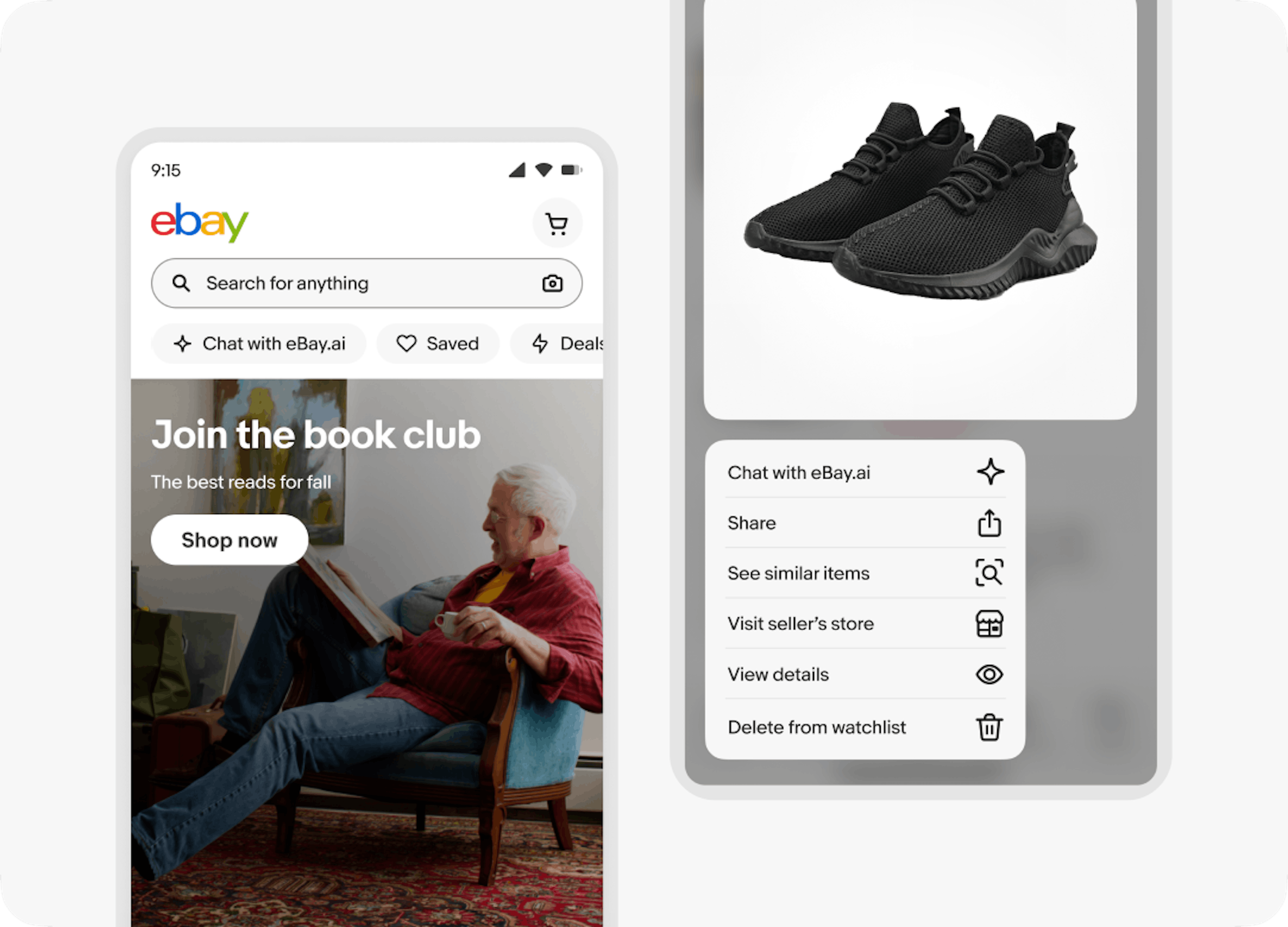 Two examples of ways to navigate to the eBay.ai chat experience. The first is from a navigation pill right under search field on the homepage. Navigation pill has the stroked AI icon and text string, “Chat with eBay.ai”. The second is via a popover menu that appears when user long presses on an image. In this example, the image if of black sneakers with the same icon and text string. This icon and text string is the first in a list of 5 other actions user can take on the item.