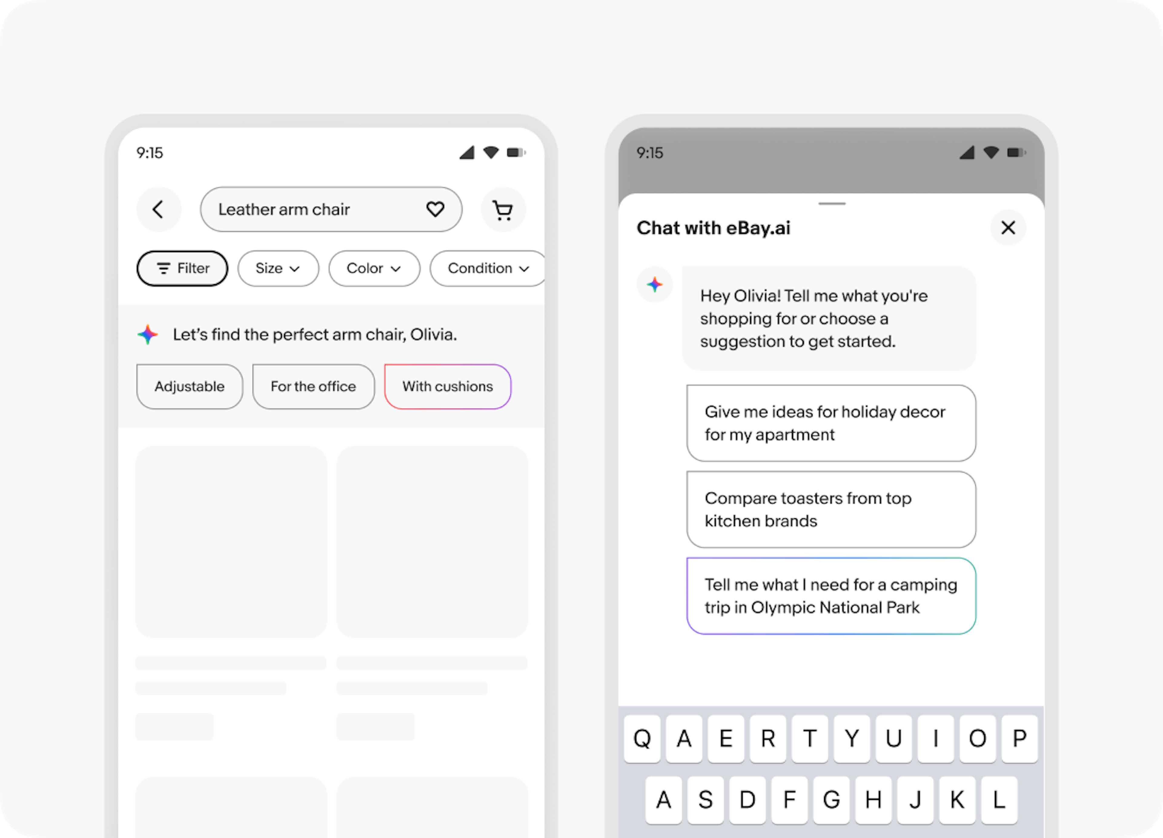 Two mobile examples showing strong gradients being used as loading states for prompts. Both examples show 3 prompts loading - 1 inside an assistant module and the other inside a chat window. The first two are outlined in gray and the last one us outlined using a strong gradient.