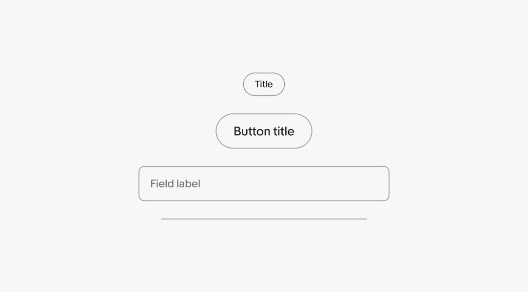 A small and large tertiary button, input field, and divider line stacked vertically all with a 1px stroke border applied.