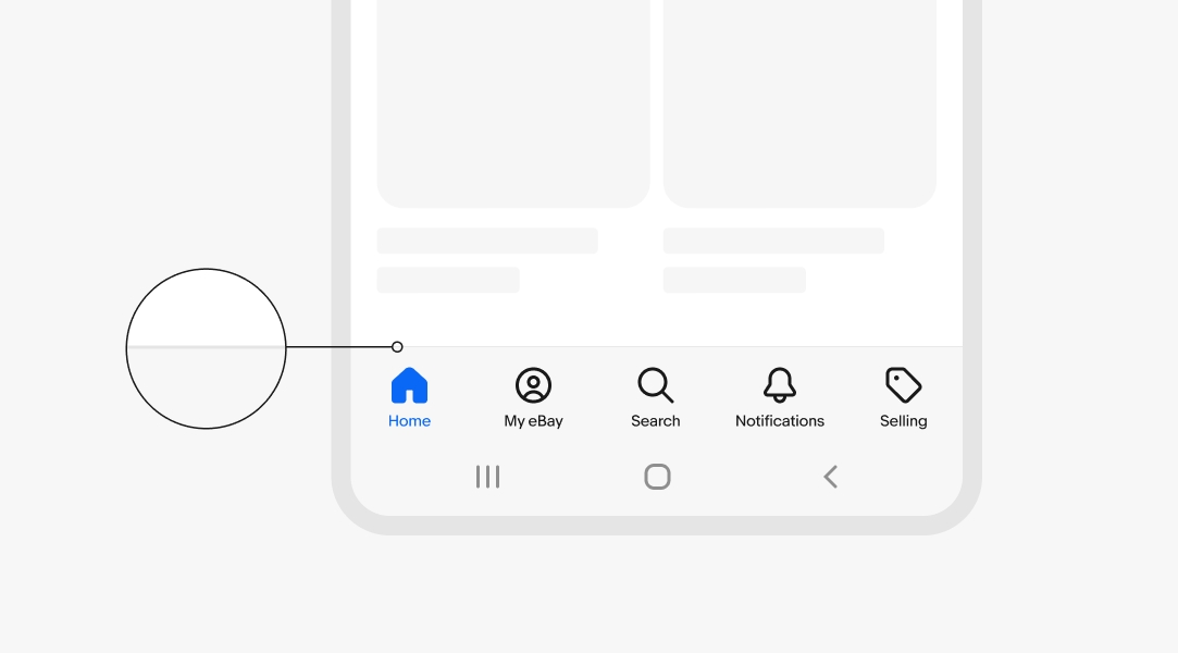 A phone screen highlighting the 1.5 px subtle stroke border at the top of the bottom navigation bar.
