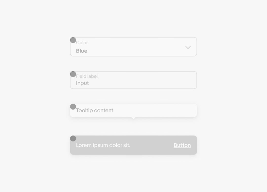 Drop down, input field, tooltip, and snackbar stacked with a pink circle in the upper left corner of each highlighting the 8px corner radius.
