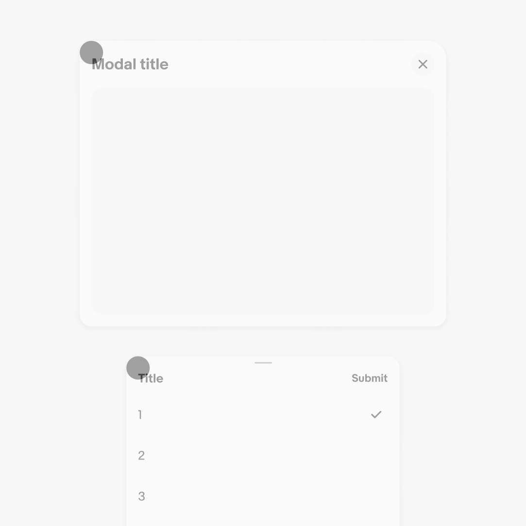 A modal stacked on top of a bottom sheet with a pink circle in the upper left corner of each highlighting the 16px corner radius.