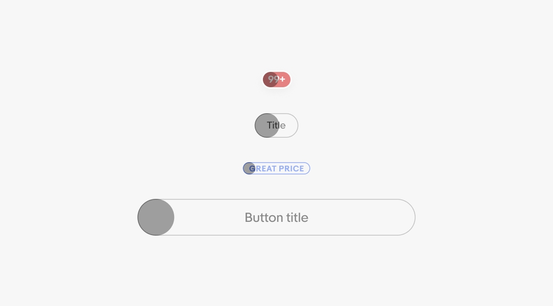 A badge, small tertiary button, signal, and large tertiary button with a pink circle on the left hand side of each highlighting the full, 50% corner radius.