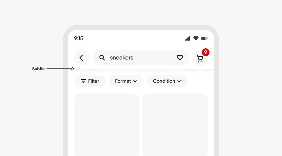 A mobile design with a top nav bar and a subtle shadow applied to the bottom of it.