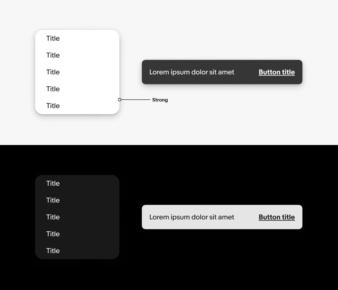 Tow rows with components inside. The top is in light mode with a popover menu and a snackbar with the strong shadow applied. The bottom row is in dark mode with the same components and shadow applied and the shadow disappears.