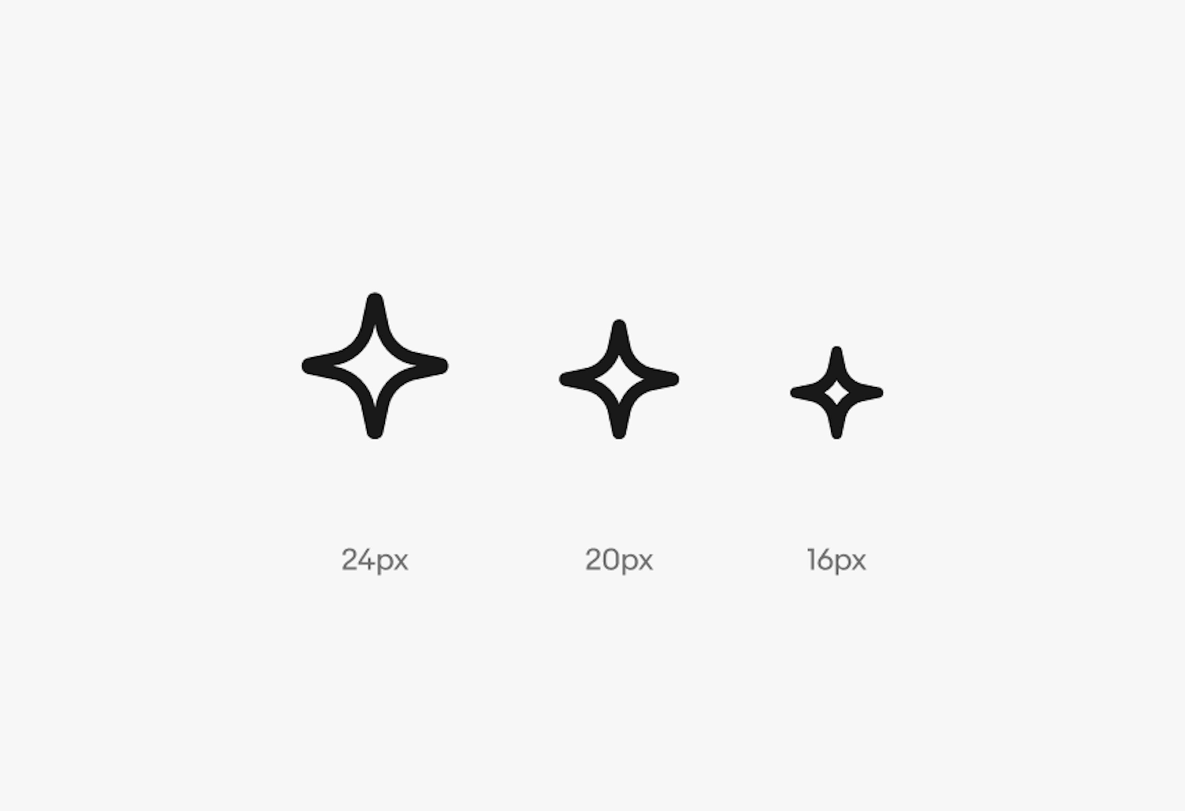 Our outlined AI icon in black in 3 different sizes - 24px, 20px, and 16px.