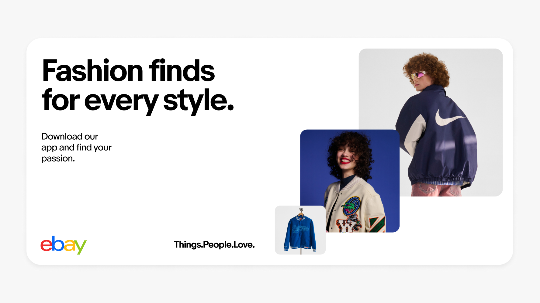 An advertisement for eBay promoting fashion finds with the text "Fashion finds for every style. From the runway to your hallway." It features images of stylish jackets and a smiling person wearing one.