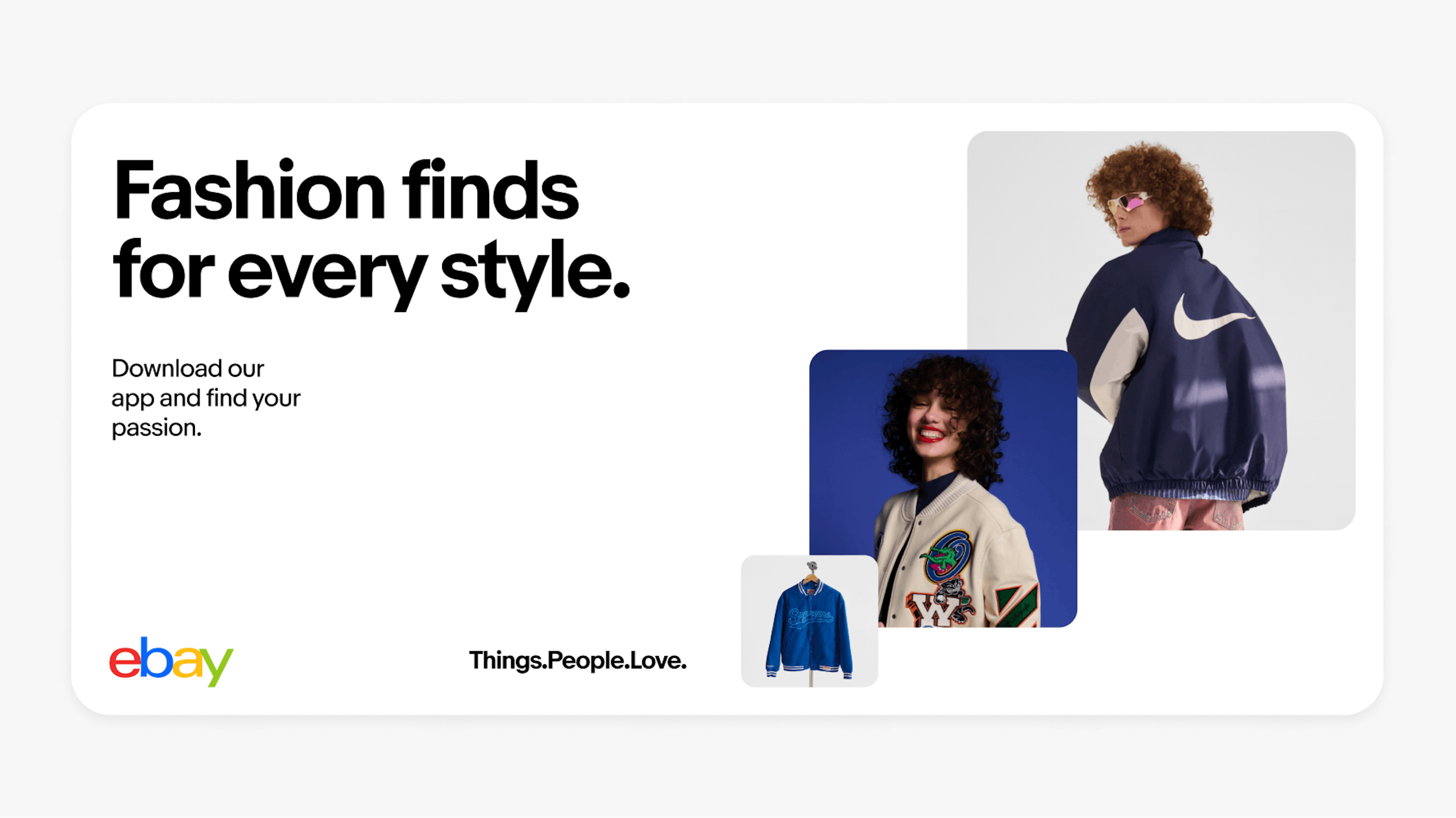 An advertisement for eBay promoting fashion finds with the text "Fashion finds for every style. Download our app and find your passion." It features images of stylish jackets and a smiling person wearing one.