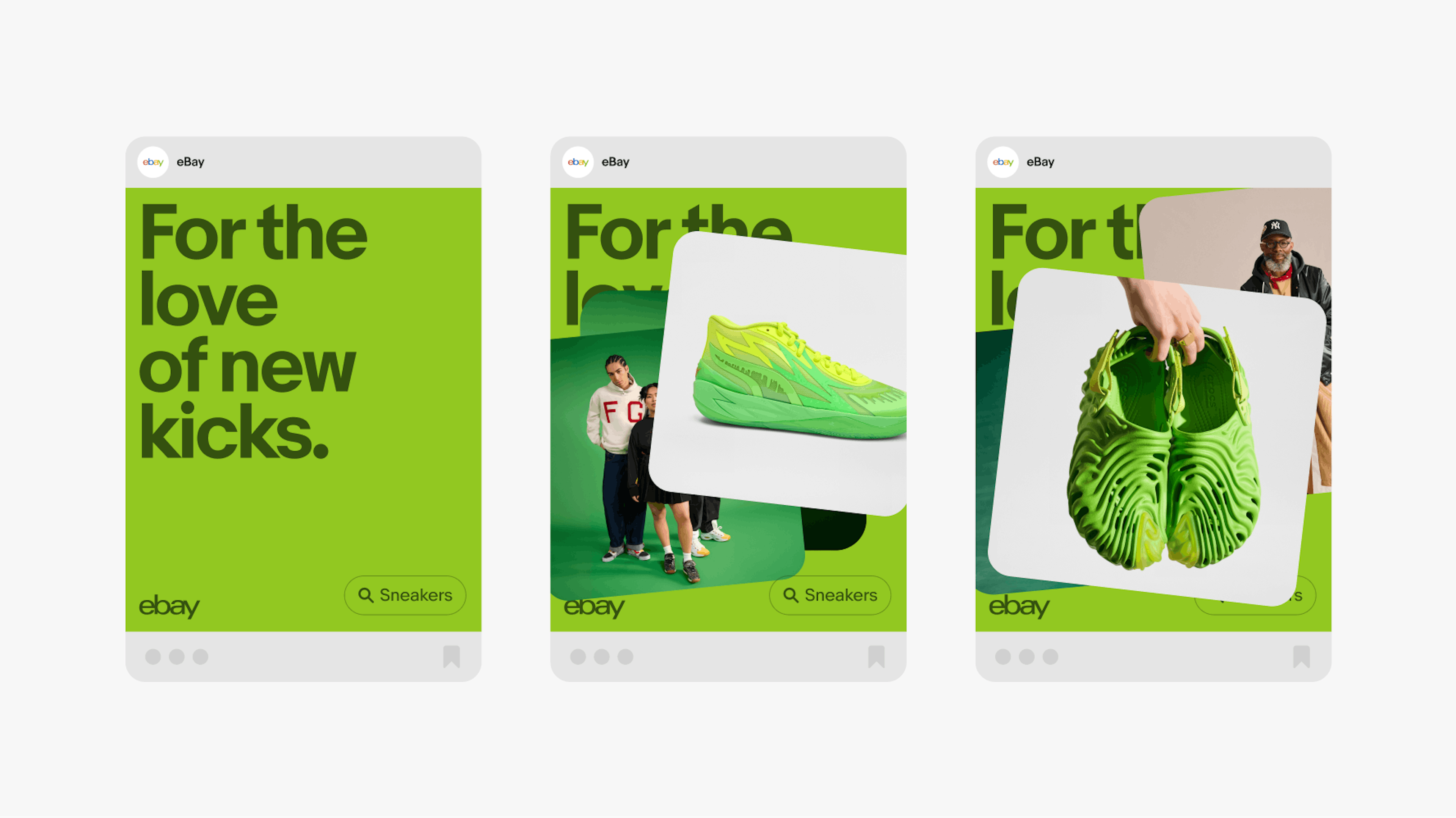 An lime green instagram post for eBay promoting sneakers with the text "For the love of new kicks." It features images of green sneakers and people modeling different pairs of green shoes.