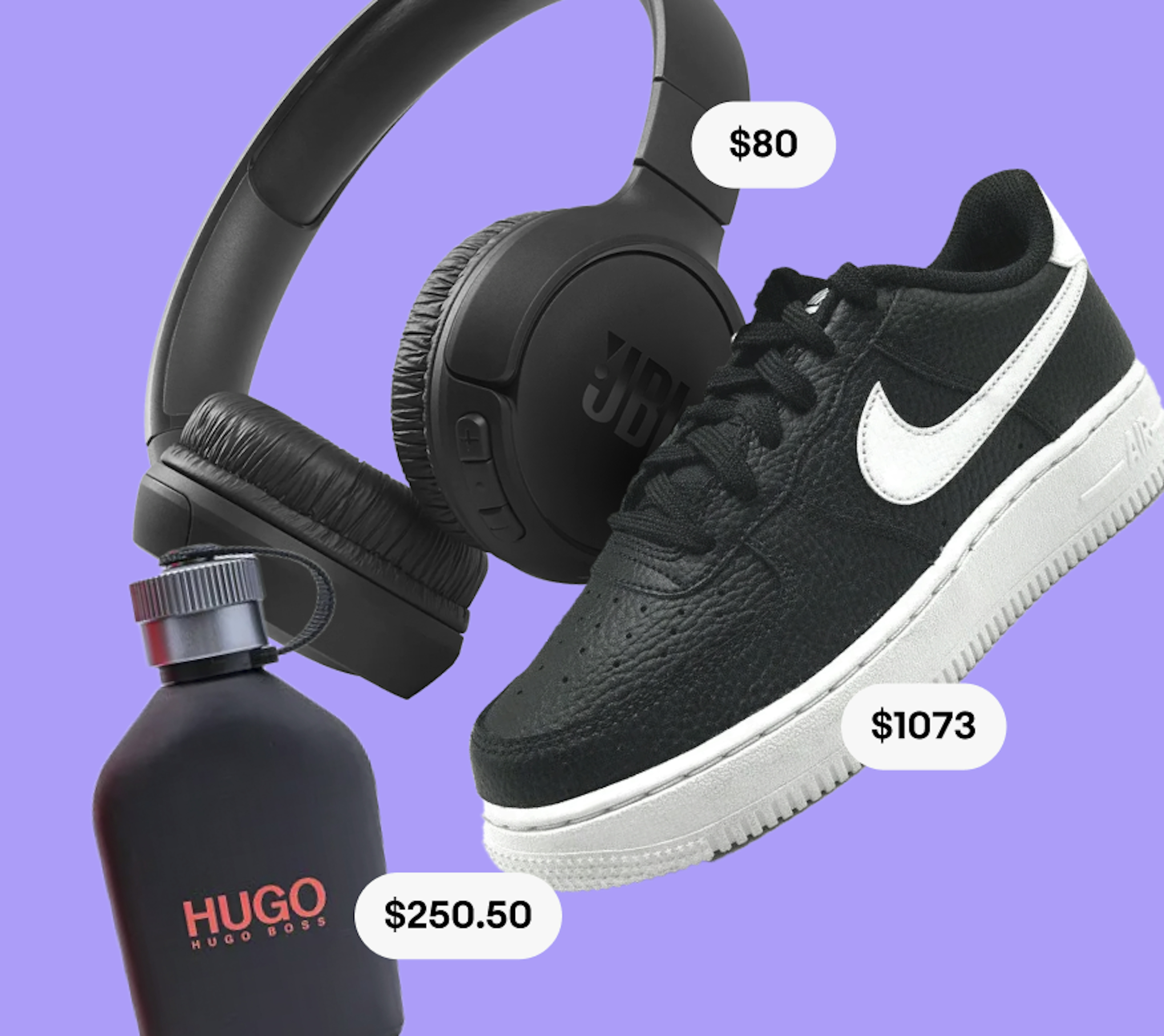 An arrangement of items with their prices displayed on a purple background, including JBL headphones priced at $80, a bottle of Hugo Boss perfume priced at $250.50, and a pair of Nike sneakers priced at $1073.