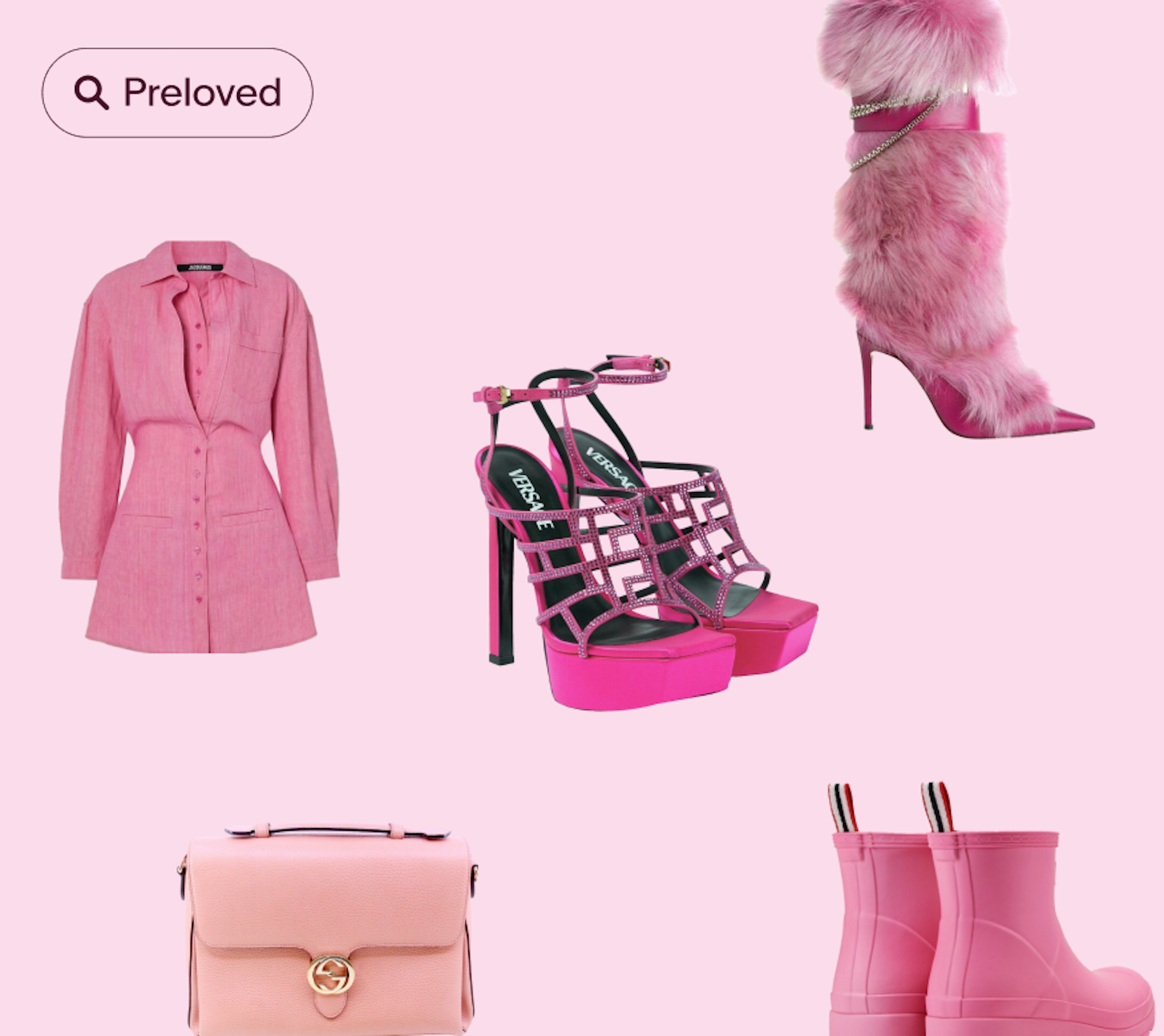 An arrangement of preloved pink fashion items, including a pink dress, a pair of Versace platform sandals, furry pink high-heeled boots, a pink Gucci handbag, and pink rubber boots.