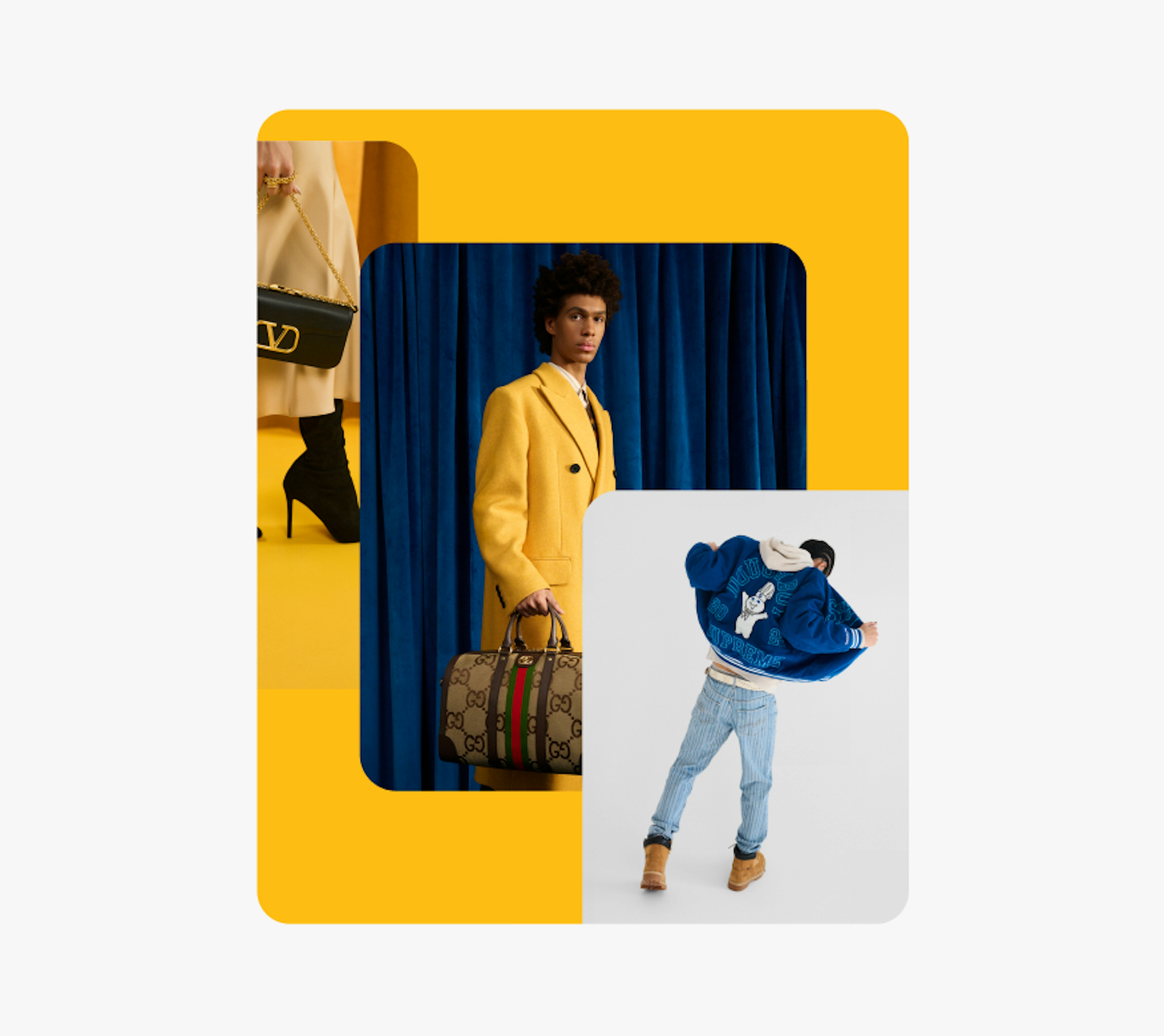 A collage featuring a stylish individual in a yellow coat holding a Gucci bag, another person with their back turned wearing a blue Supreme jacket with graphic text, and a close-up of a woman holding a black Valentino purse.