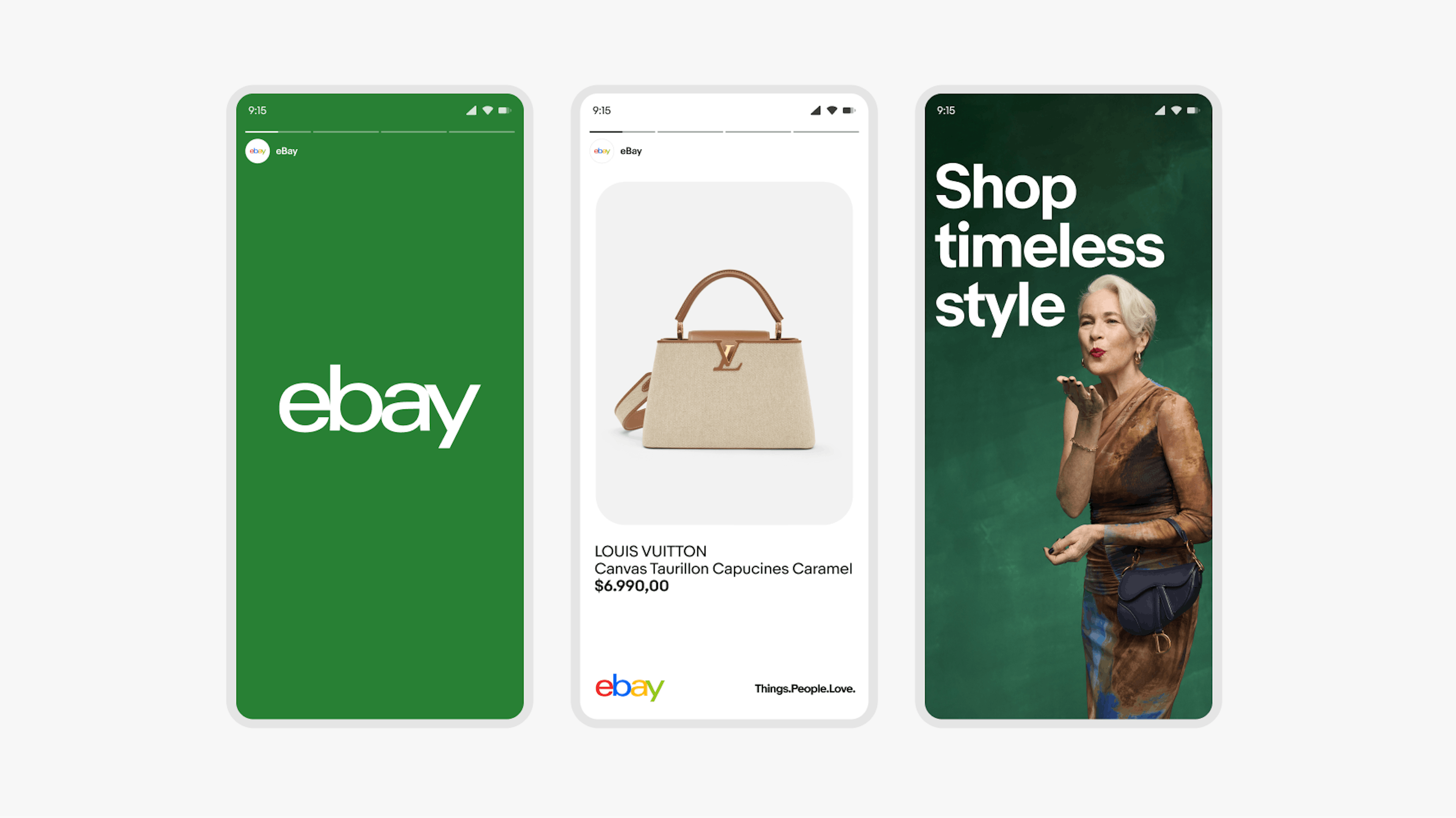 Three smartphone screens displaying eBay advertisements. The first screen shows the eBay logo on a green background. The second screen features a luxury handbag as a large item tile with text. The third screen shows an older woman in a stylish dress with the large text 'Shop timeless style' on a green background.