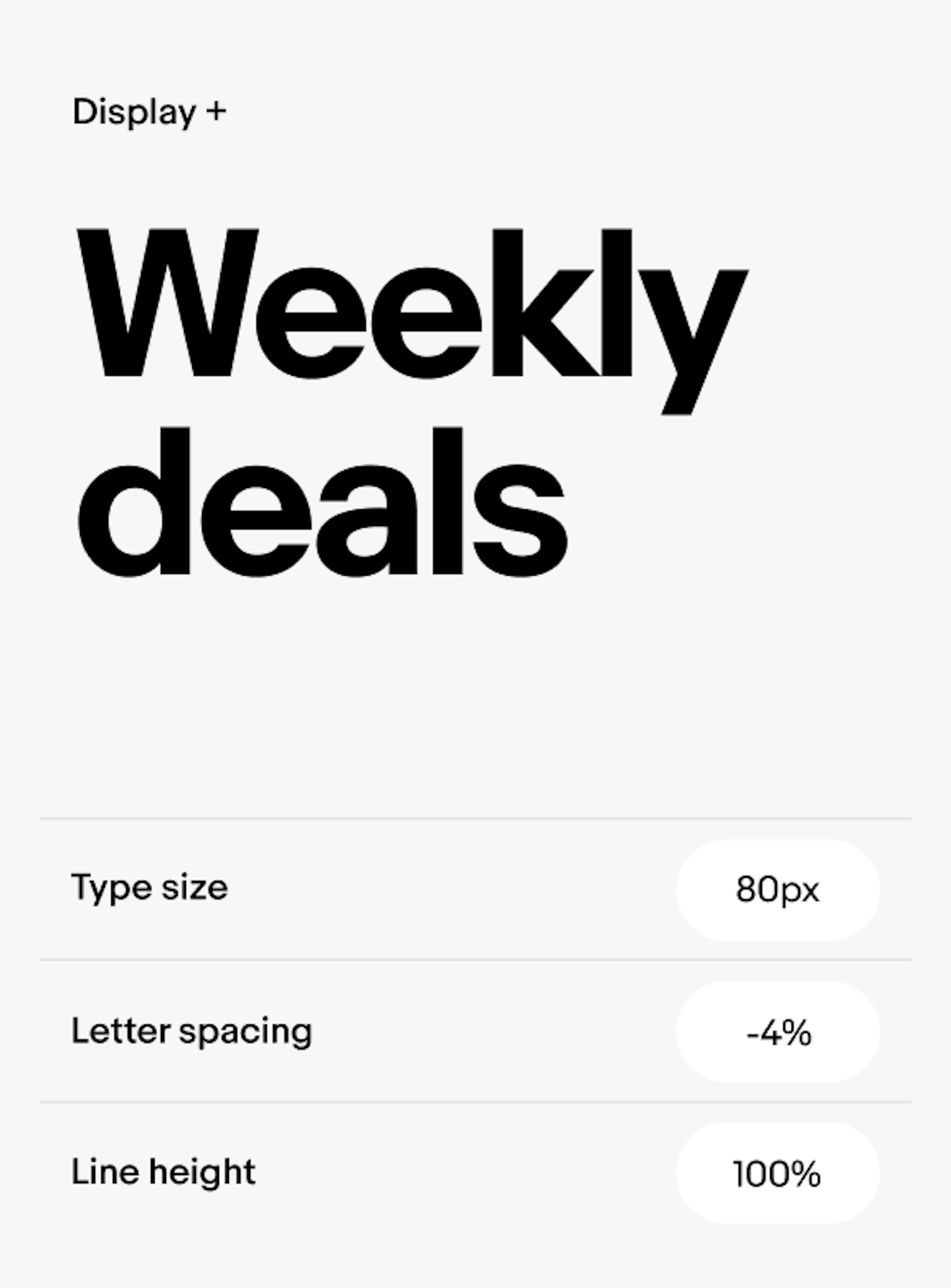 Display + example text: 'Weekly deals.' Display + has type size 80px, letter spacing -4%, line height 100%. 