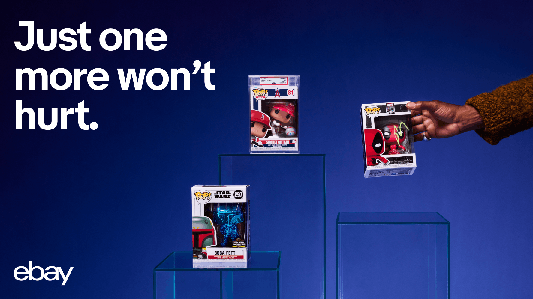 An eBay advertisement with the text "Just one more won’t hurt." in bold white letters on a dark blue background. It features three Funko Pop! figures with a hand holding one of them. The eBay logo is at the bottom left corner.