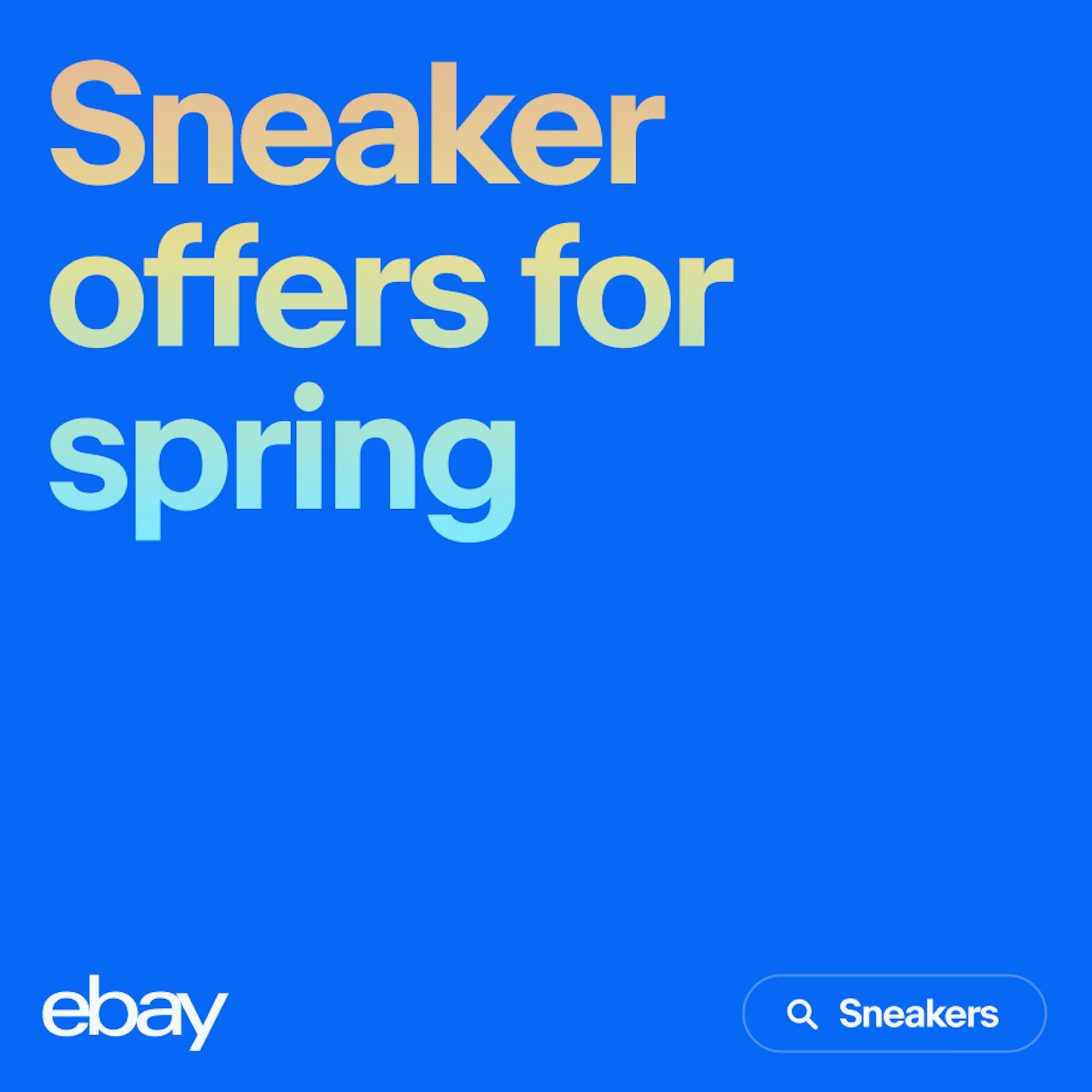 A type-based ad for sneakers. The headline text uses a orange to yellow to blue gradient on a blue background.