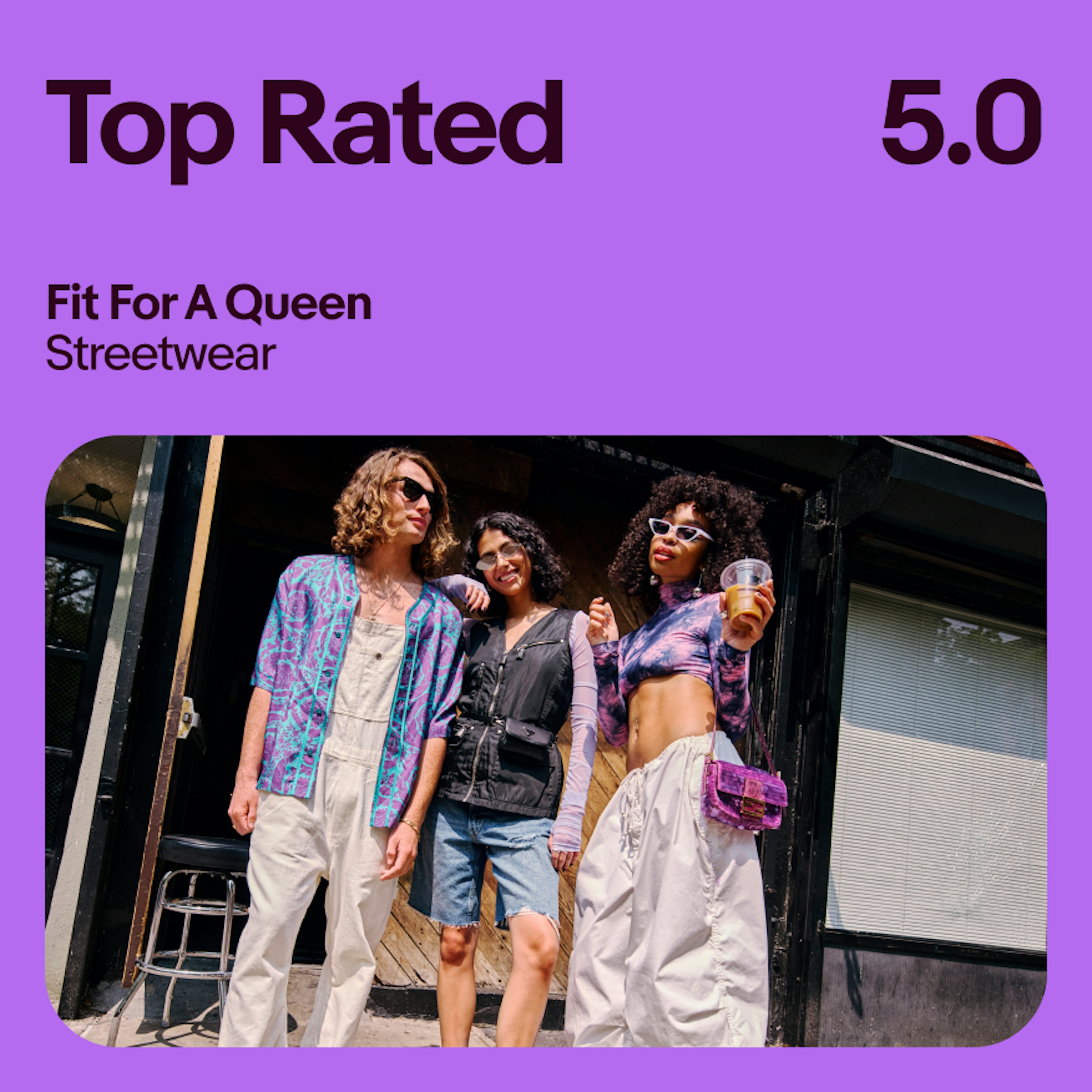 A vibrant purple ad with an image of 3 people wearing fashionable clothes. The type at the top is using approved letter spacing.